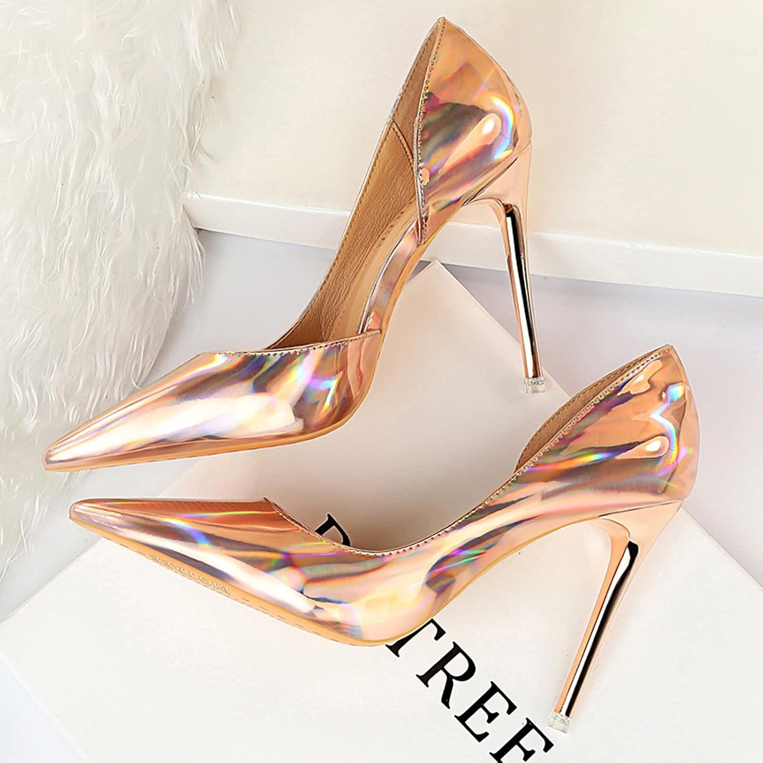 image:imageEscarpins Femme Bout Pointu Talon Aiguille 105 cm Slip on Vernis Pumps Classiques Soire Bureau Talon HautChampagne