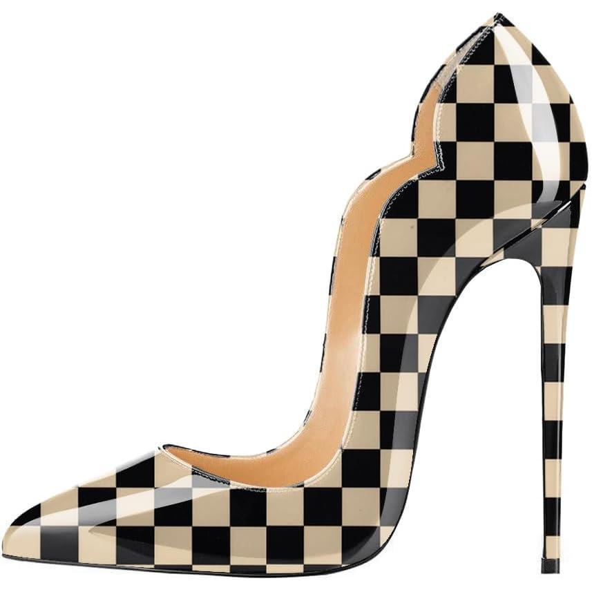 image:imageElashe Femmes Stiletto Sexy Classic Talon Haut Cuir Vernis Brillant synthtique Talon Aiguille 12CM Grande Taille Bout Pointu fermBeige Carreaux