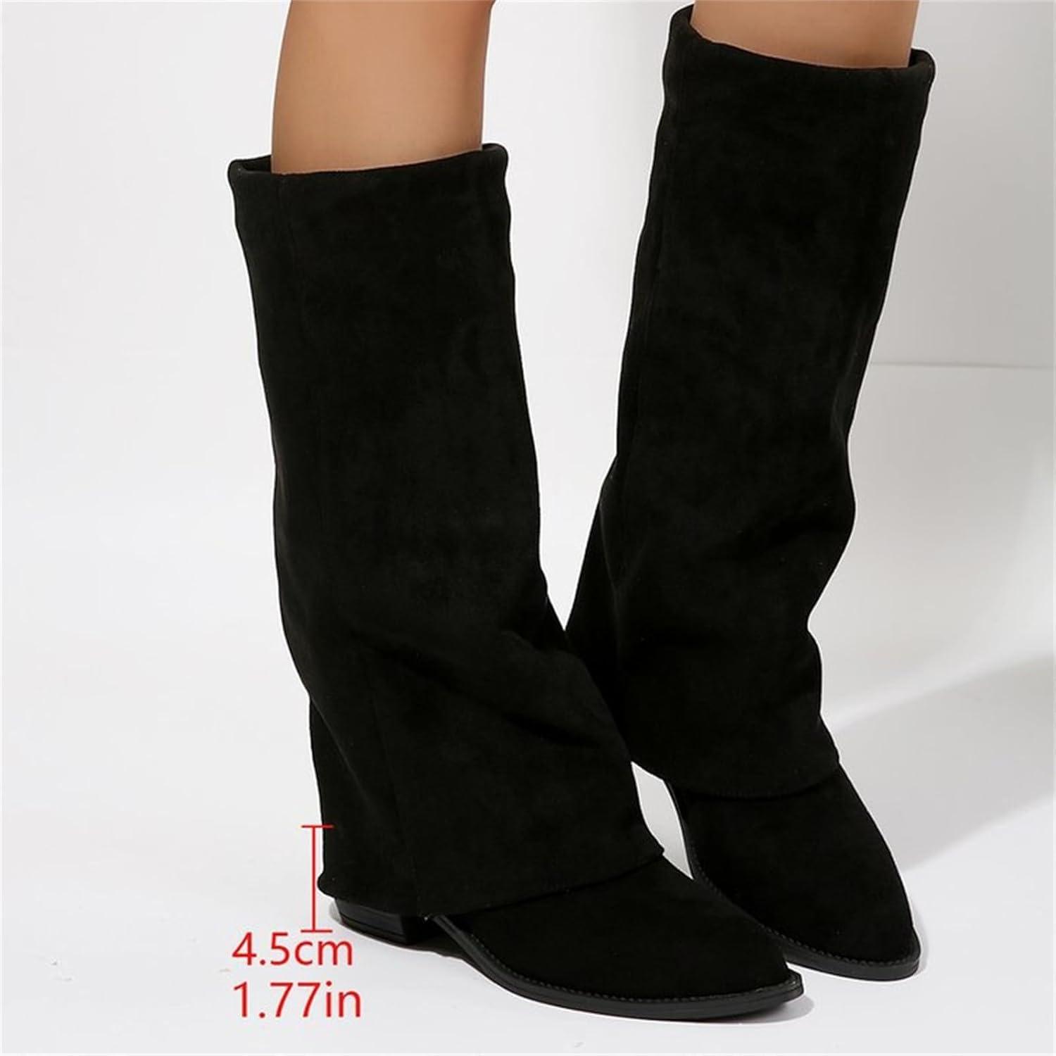 image:imageBottes hautes dhiver pour femme Bottes de cowboy en cuir Large tube Bout pointu Bottes western Talon pais Vintage Impermables Bottes dquitation pour femmeNoir