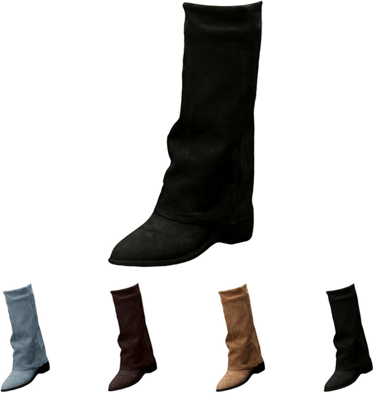 image:imageBottes hautes dhiver pour femme Bottes de cowboy en cuir Large tube Bout pointu Bottes western Talon pais Vintage Impermables Bottes dquitation pour femmeNoir