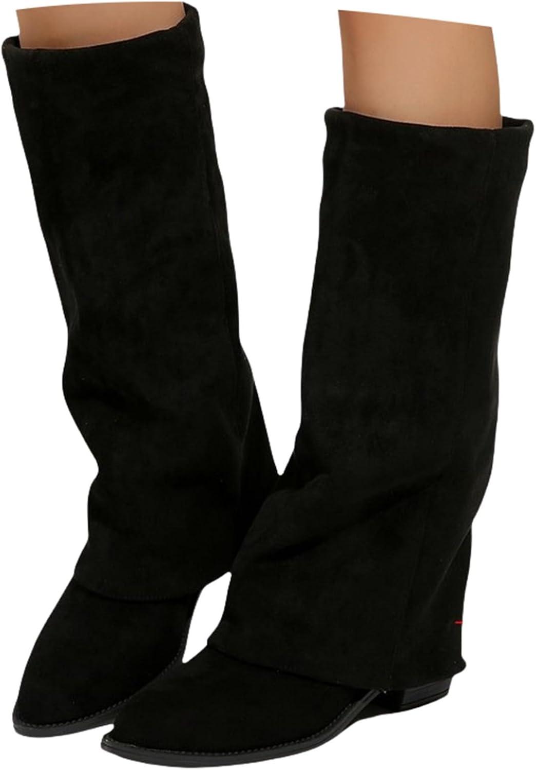 image:imageBottes hautes dhiver pour femme Bottes de cowboy en cuir Large tube Bout pointu Bottes western Talon pais Vintage Impermables Bottes dquitation pour femmeNoir