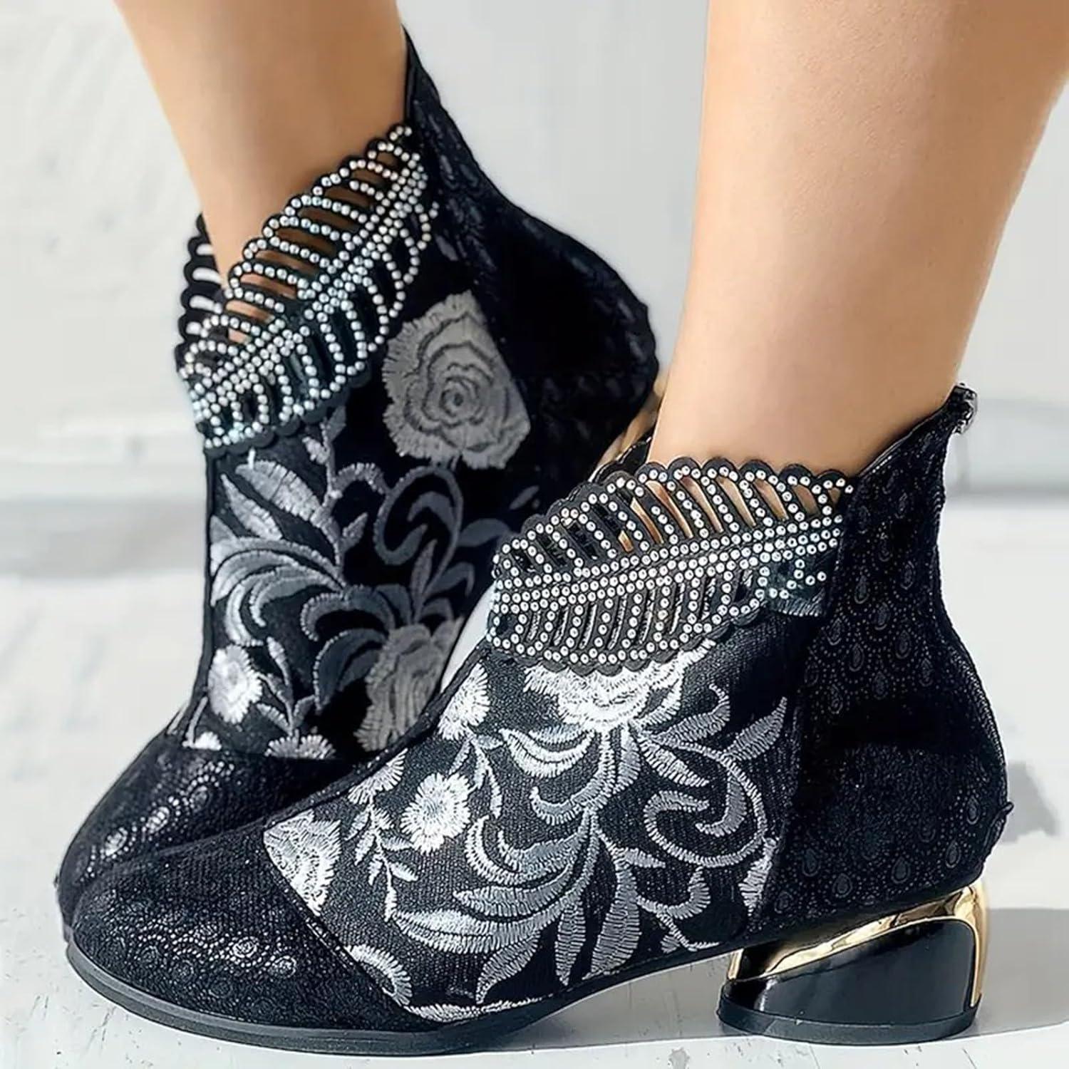 image:imageBottines noires pour femme avec talon Bottes dt pour femme Motif perfor Lgres Chaussures de danse modernes Respirantes Avec fleurs Bottes western paillettes Bottes gothiquesNoir