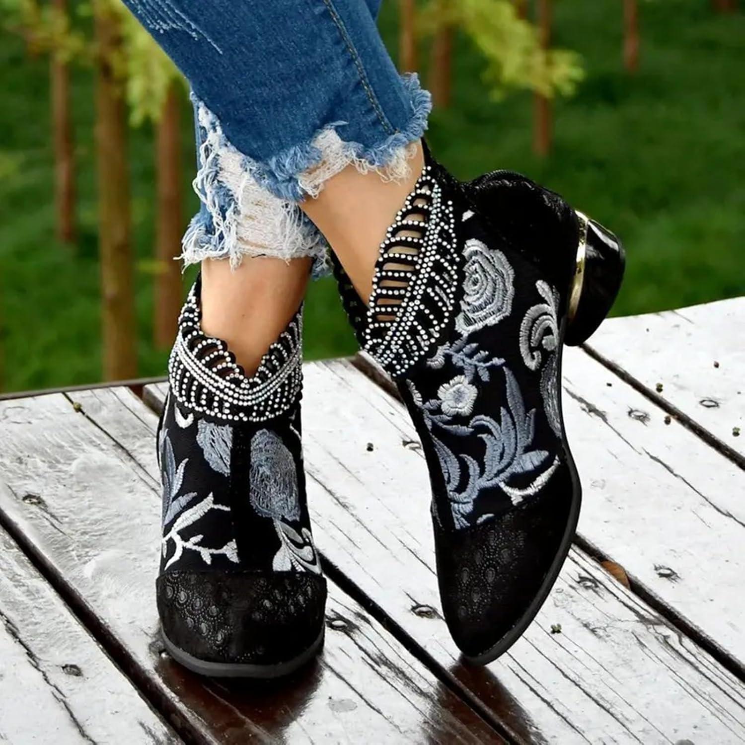 image:imageBottines noires pour femme avec talon Bottes dt pour femme Motif perfor Lgres Chaussures de danse modernes Respirantes Avec fleurs Bottes western paillettes Bottes gothiquesNoir