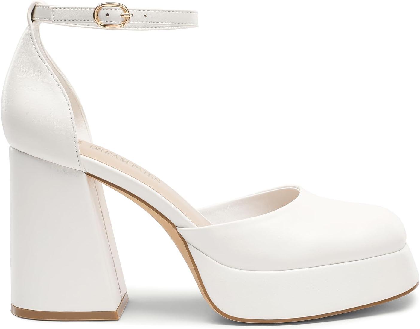 image:imageDREAM PAIRS Escarpins Femme Talon Haut Chunky avec Plateforme Chaussures Habilles Confortables avec Bride Cheville pour Soire ou FteBlanc Pu