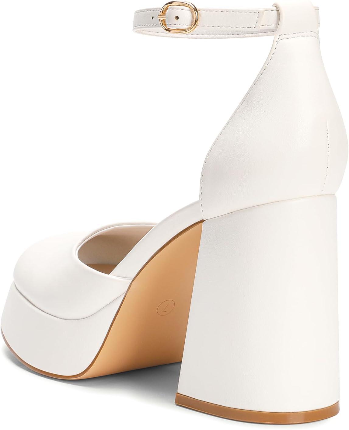 image:imageDREAM PAIRS Escarpins Femme Talon Haut Chunky avec Plateforme Chaussures Habilles Confortables avec Bride Cheville pour Soire ou FteBlanc Pu