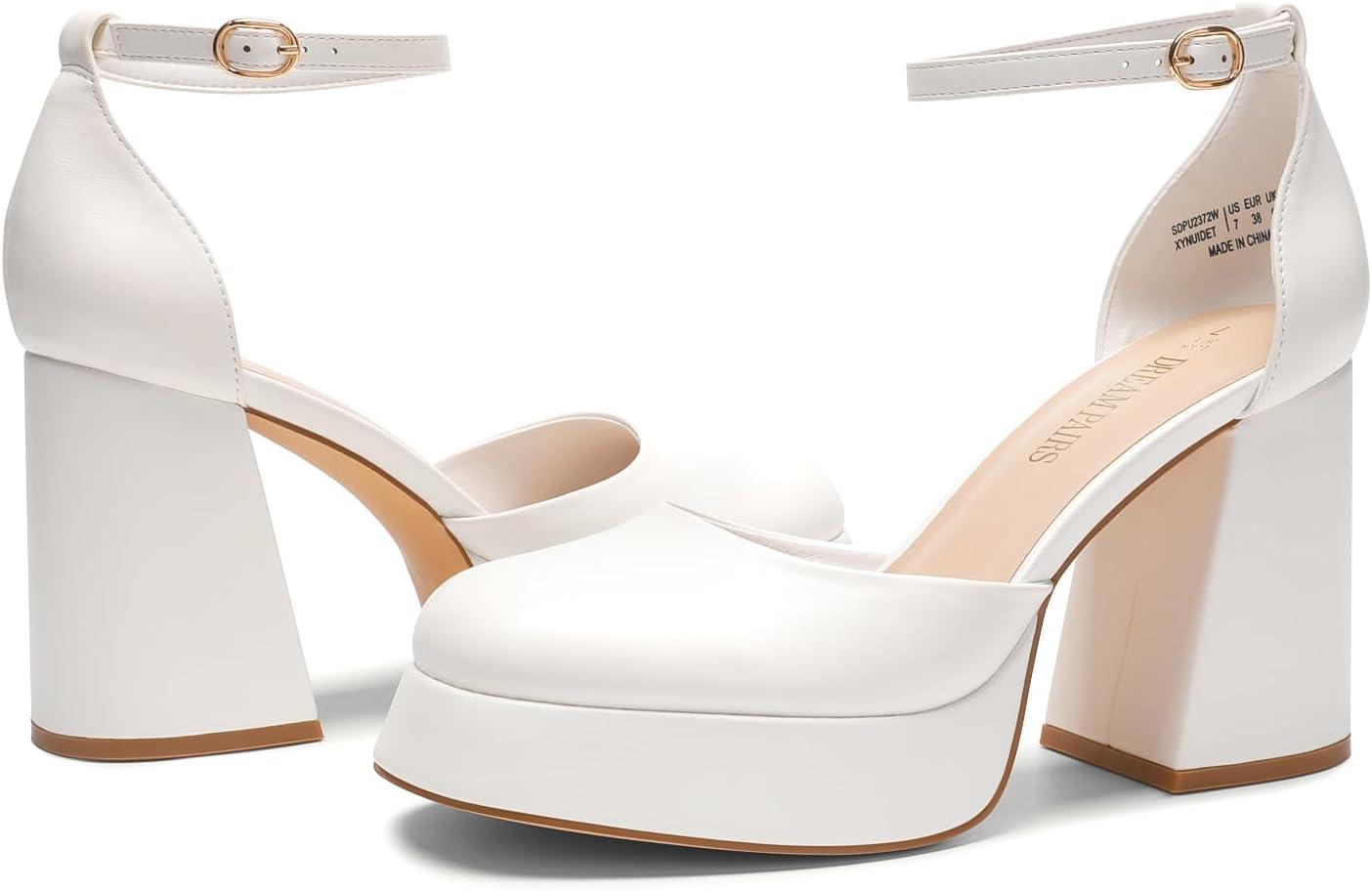 image:imageDREAM PAIRS Escarpins Femme Talon Haut Chunky avec Plateforme Chaussures Habilles Confortables avec Bride Cheville pour Soire ou FteBlanc Pu
