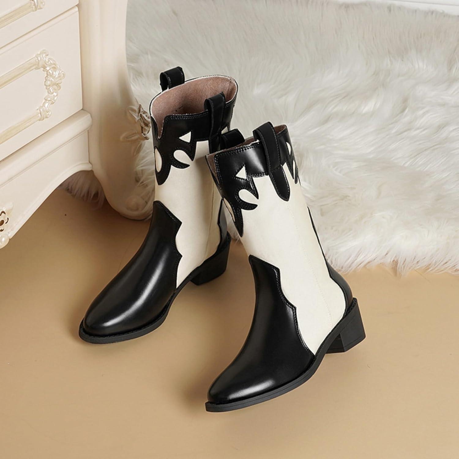 image:imageENEN Santiag Femme Cuir Western Taille 3543 Santiag Femme Gros Mollet Bottes Cowboy Talon Haut avec Fermeture clair Bottes Western Country pour TrekkingEva Beige