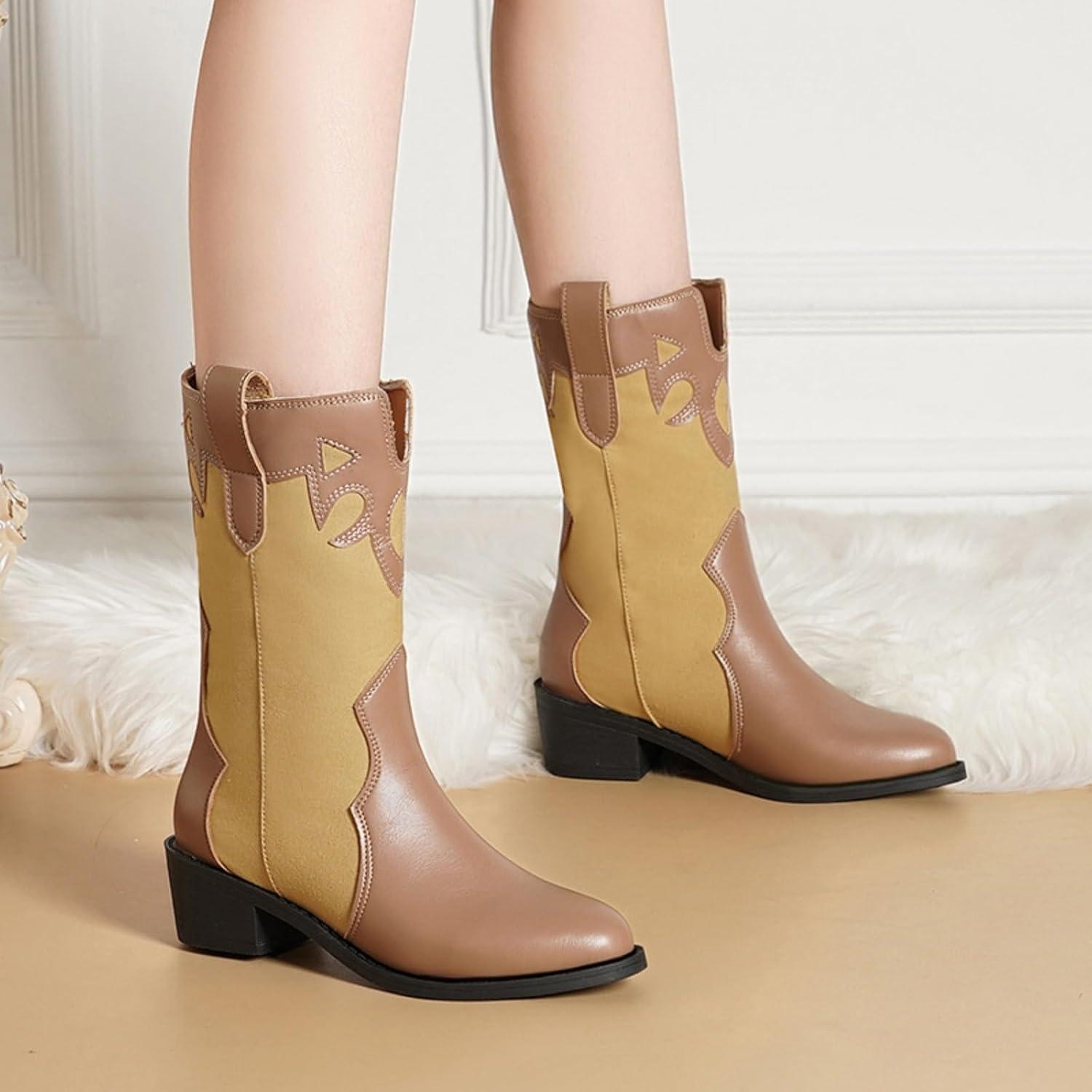 image:imageENEN Santiag Femme Cuir Western Taille 3543 Santiag Femme Gros Mollet Bottes Cowboy Talon Haut avec Fermeture clair Bottes Western Country pour TrekkingEva Kaki
