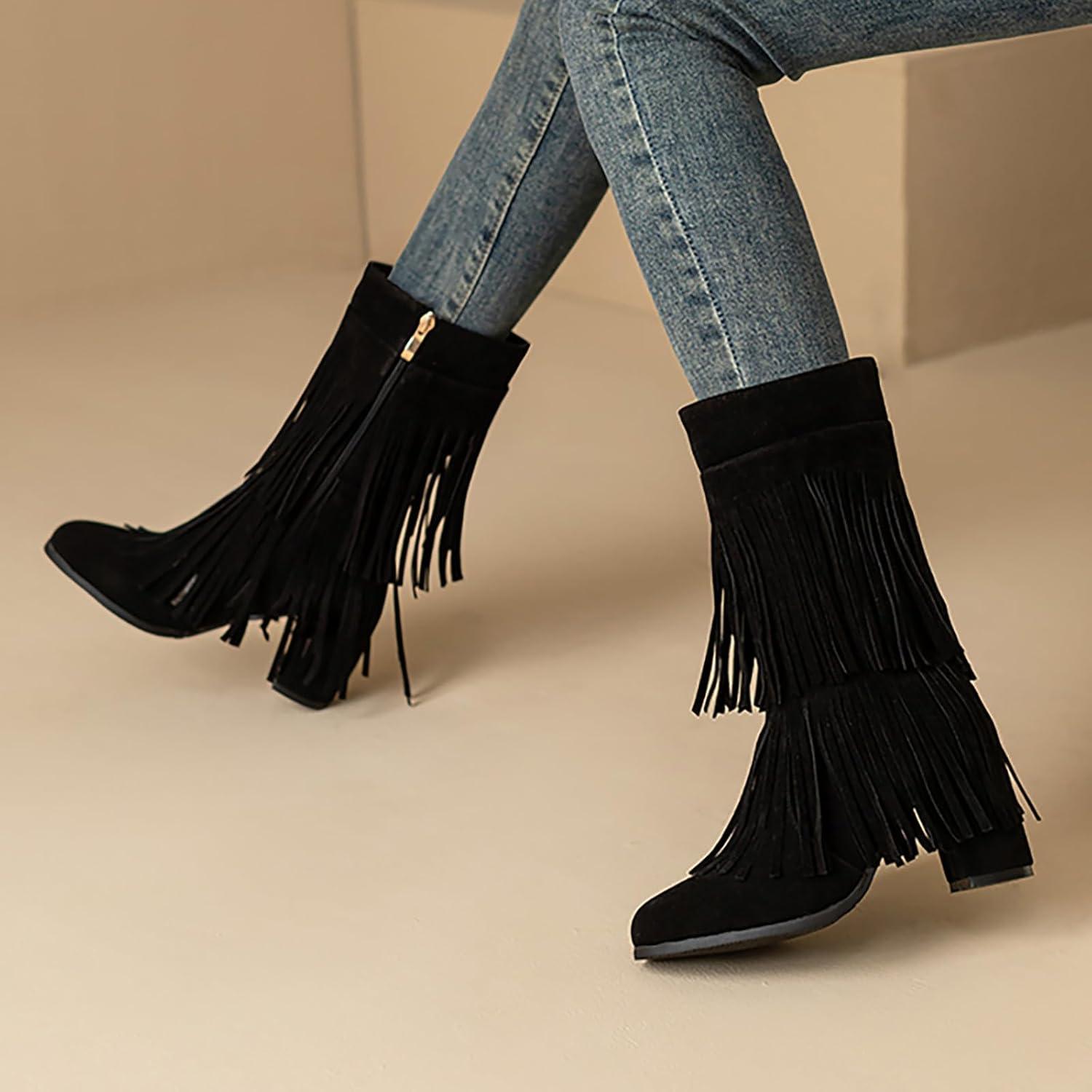 image:imageFemme Bottes Indiennes Beige Frange Boots Equitation Bout Rond Vintage Botte MiMollet Glands Santiags Western Moto Classiques Bottes Motard Bottes de Cavalier Bottes de Cowboy pour FemmesA1 Noir