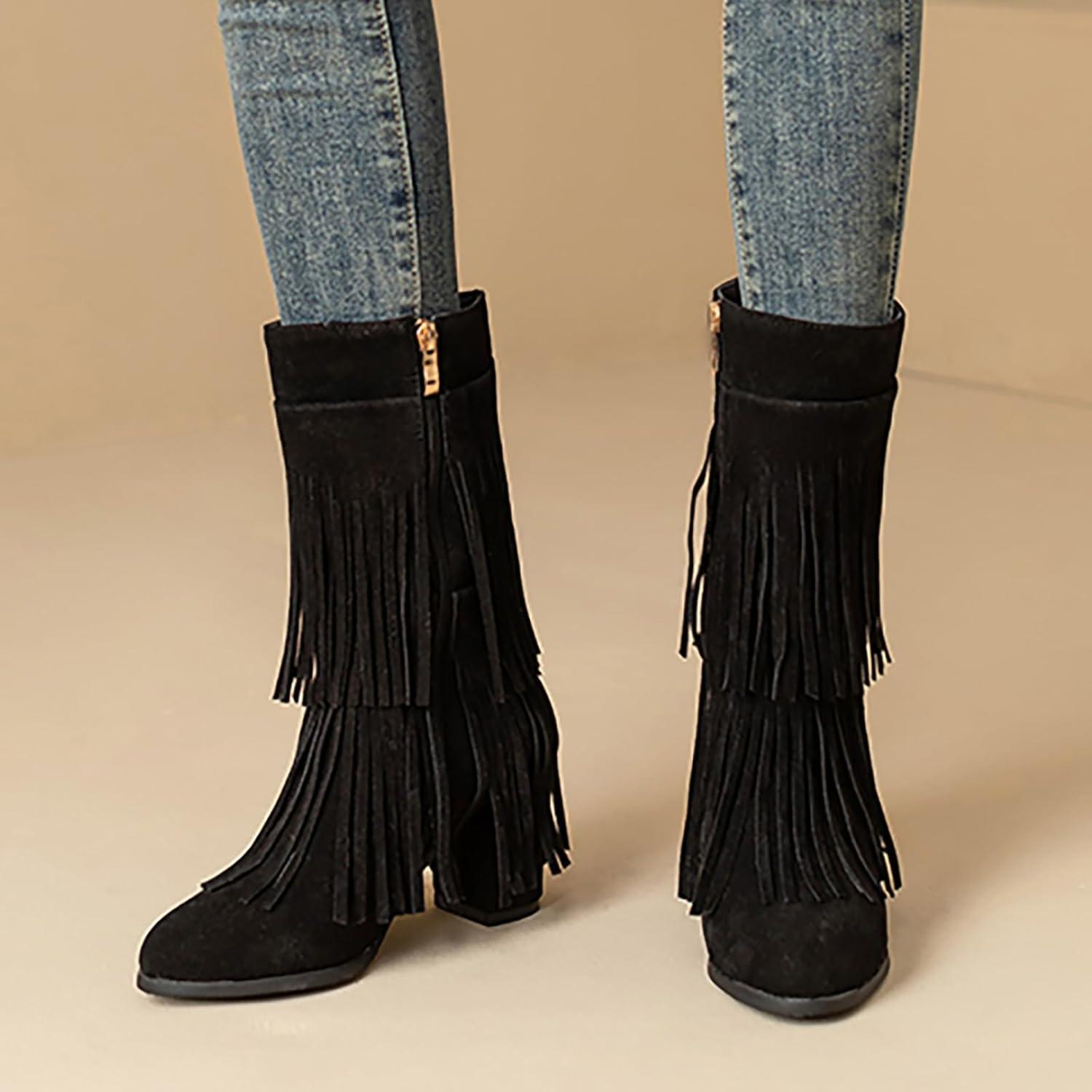 image:imageFemme Bottes Indiennes Beige Frange Boots Equitation Bout Rond Vintage Botte MiMollet Glands Santiags Western Moto Classiques Bottes Motard Bottes de Cavalier Bottes de Cowboy pour FemmesA1 Noir
