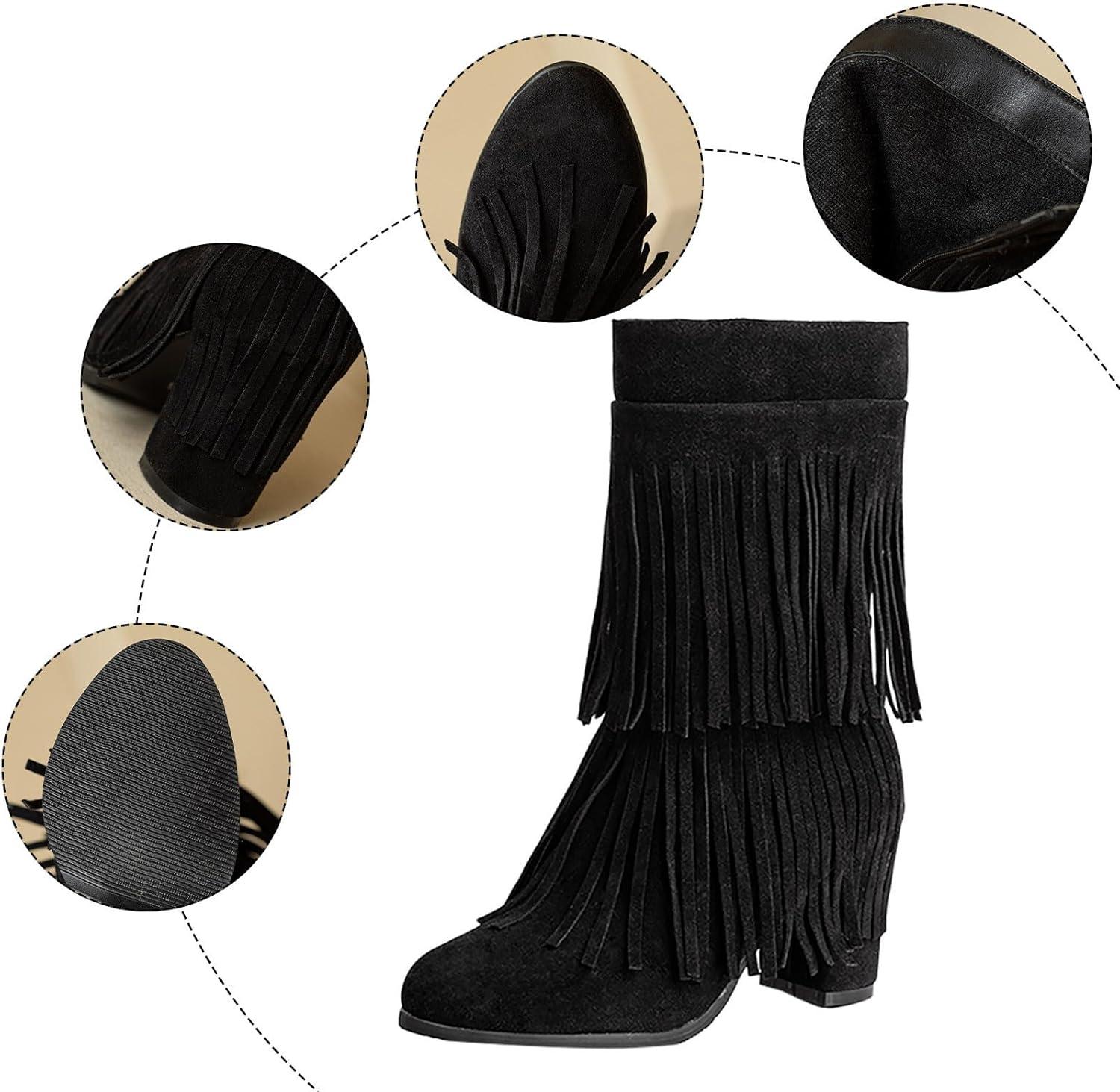 image:imageFemme Bottes Indiennes Beige Frange Boots Equitation Bout Rond Vintage Botte MiMollet Glands Santiags Western Moto Classiques Bottes Motard Bottes de Cavalier Bottes de Cowboy pour FemmesA1 Noir