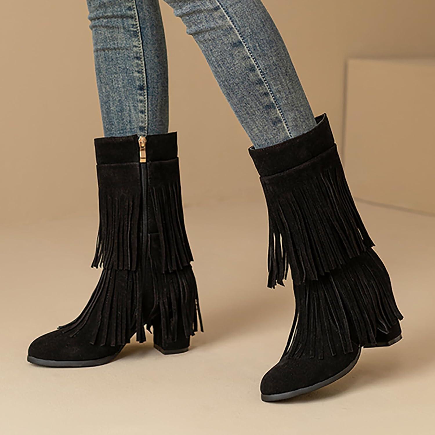 image:imageFemme Bottes Indiennes Beige Frange Boots Equitation Bout Rond Vintage Botte MiMollet Glands Santiags Western Moto Classiques Bottes Motard Bottes de Cavalier Bottes de Cowboy pour FemmesA1 Noir
