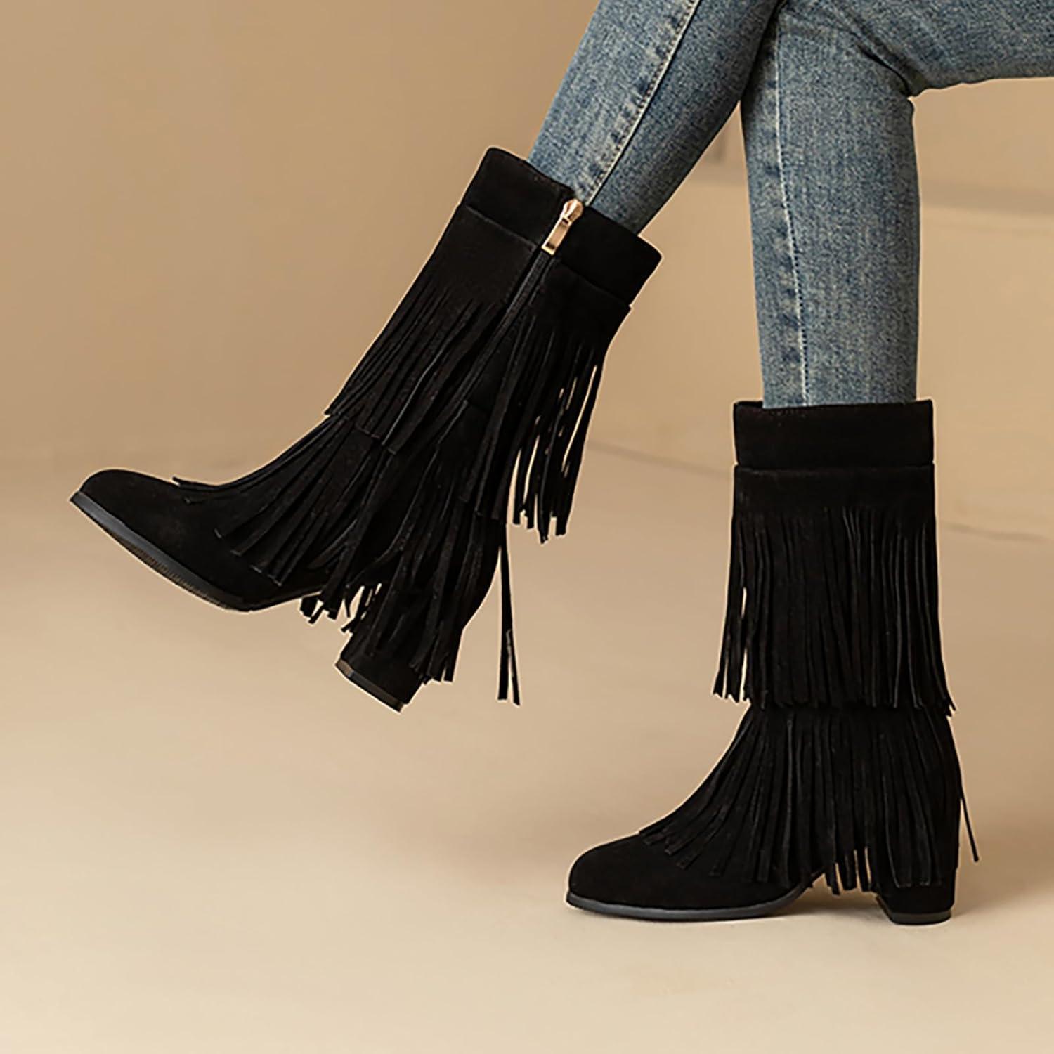 image:imageFemme Bottes Indiennes Beige Frange Boots Equitation Bout Rond Vintage Botte MiMollet Glands Santiags Western Moto Classiques Bottes Motard Bottes de Cavalier Bottes de Cowboy pour FemmesA1 Noir