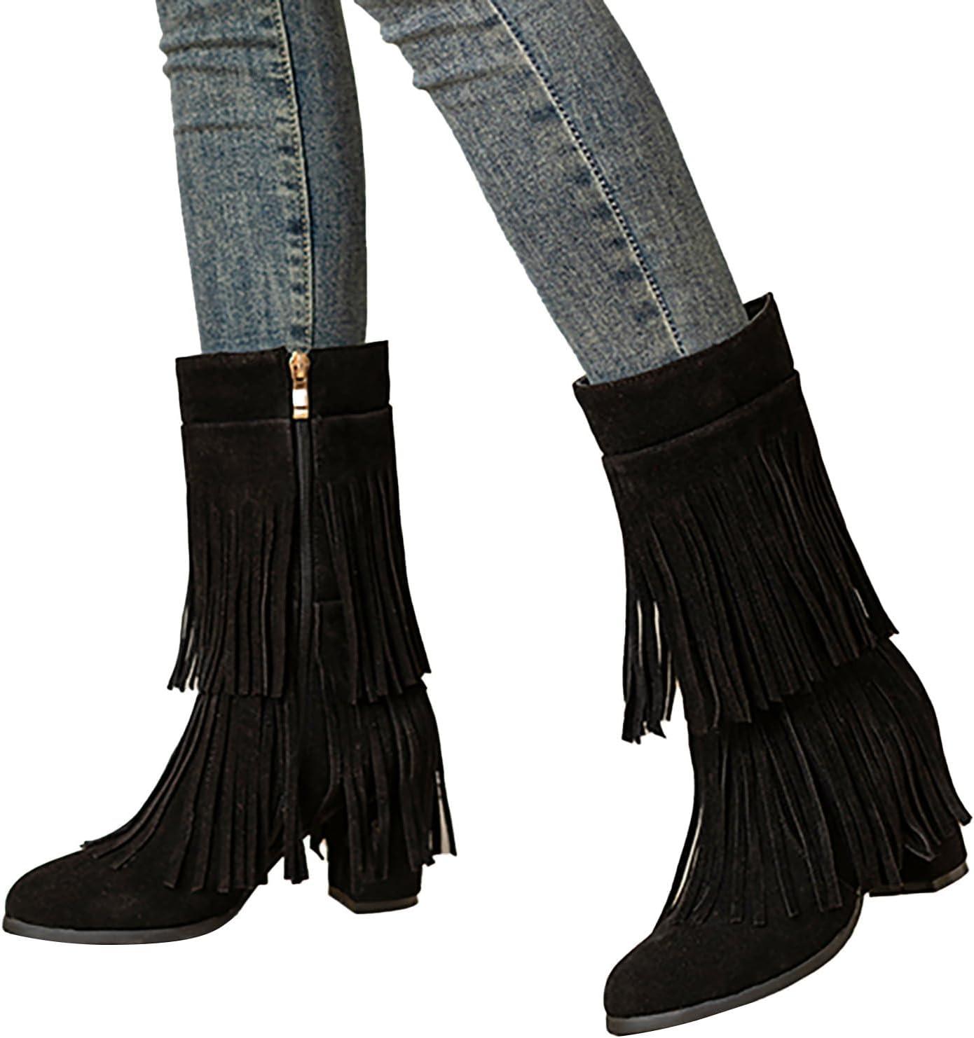 image:imageFemme Bottes Indiennes Beige Frange Boots Equitation Bout Rond Vintage Botte MiMollet Glands Santiags Western Moto Classiques Bottes Motard Bottes de Cavalier Bottes de Cowboy pour FemmesA1 Noir