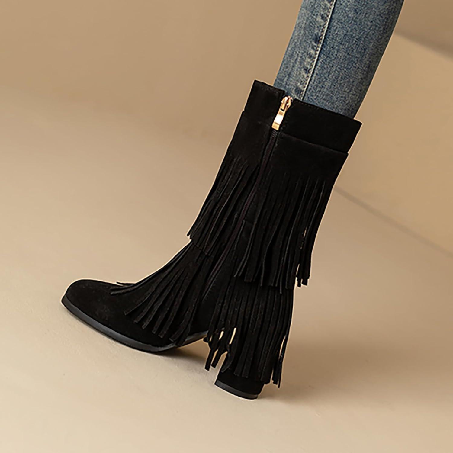 image:imageFemme Bottes Indiennes Beige Frange Boots Equitation Bout Rond Vintage Botte MiMollet Glands Santiags Western Moto Classiques Bottes Motard Bottes de Cavalier Bottes de Cowboy pour FemmesA1 Noir