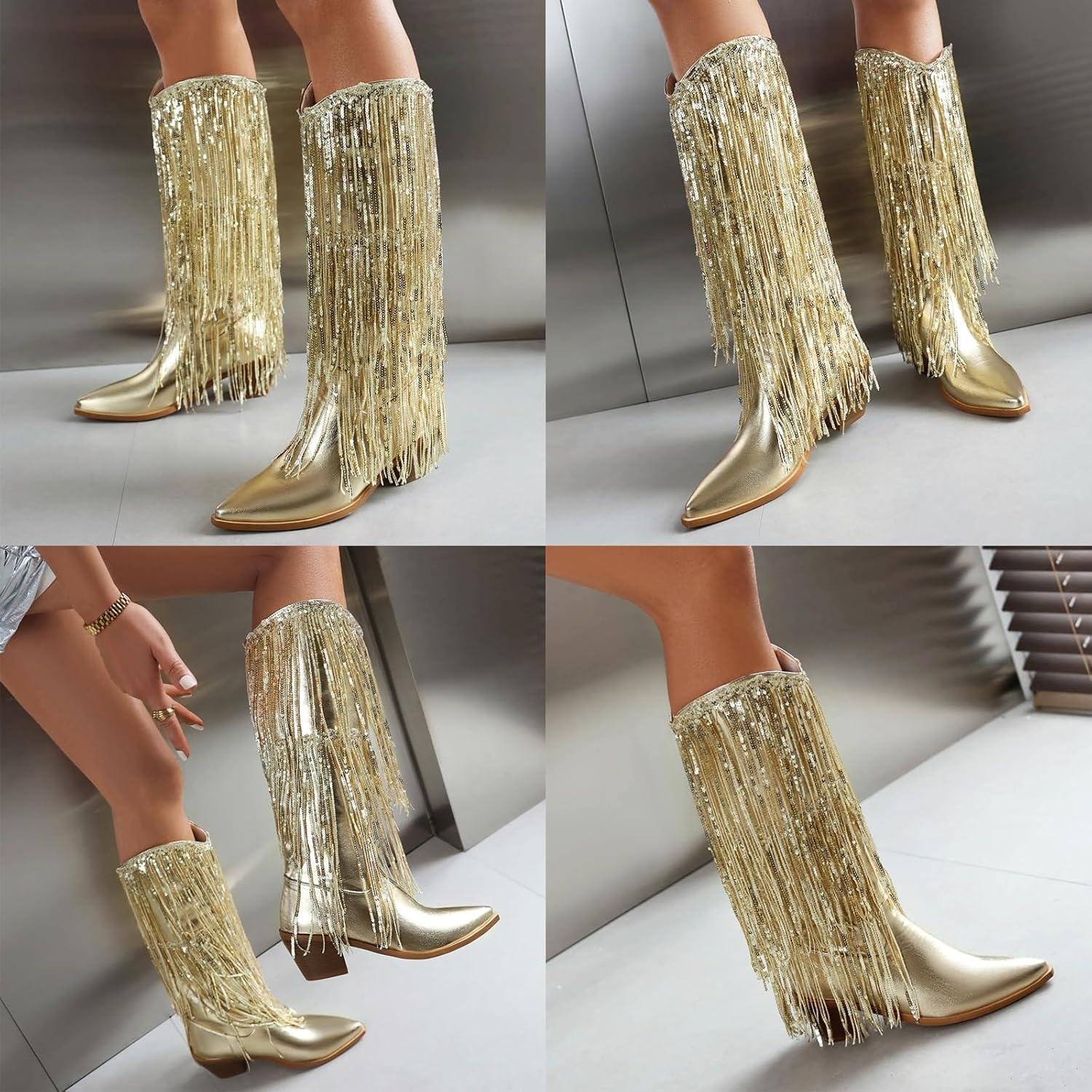 image:imageFemmes Mtallic Fringe Jusquau Genou Bottes de Cowboy with Tassel Fte Country Concert Paillette Bottes Sparkly Bottes WesternOr