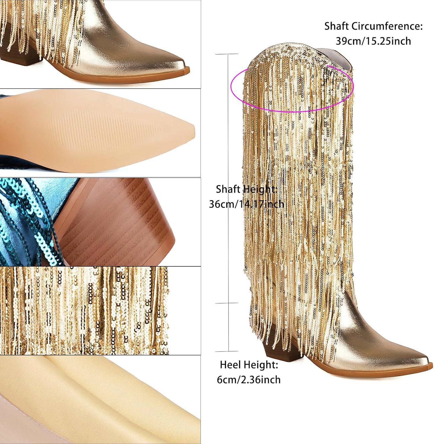 image:imageFemmes Mtallic Fringe Jusquau Genou Bottes de Cowboy with Tassel Fte Country Concert Paillette Bottes Sparkly Bottes WesternOr