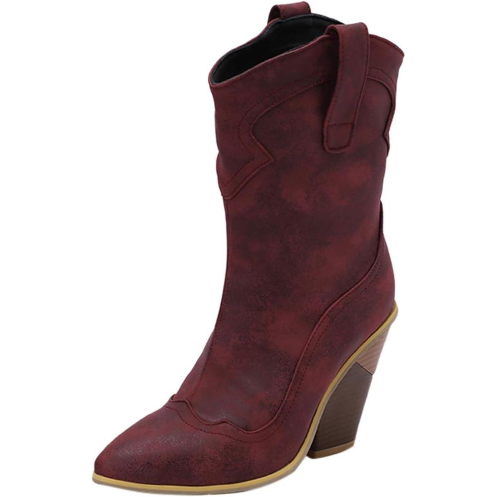 image:imageBottes de cowboy pour femme Bottes western pour femme Bout pointu Talon bloc bas Bottines courtesBordeaux