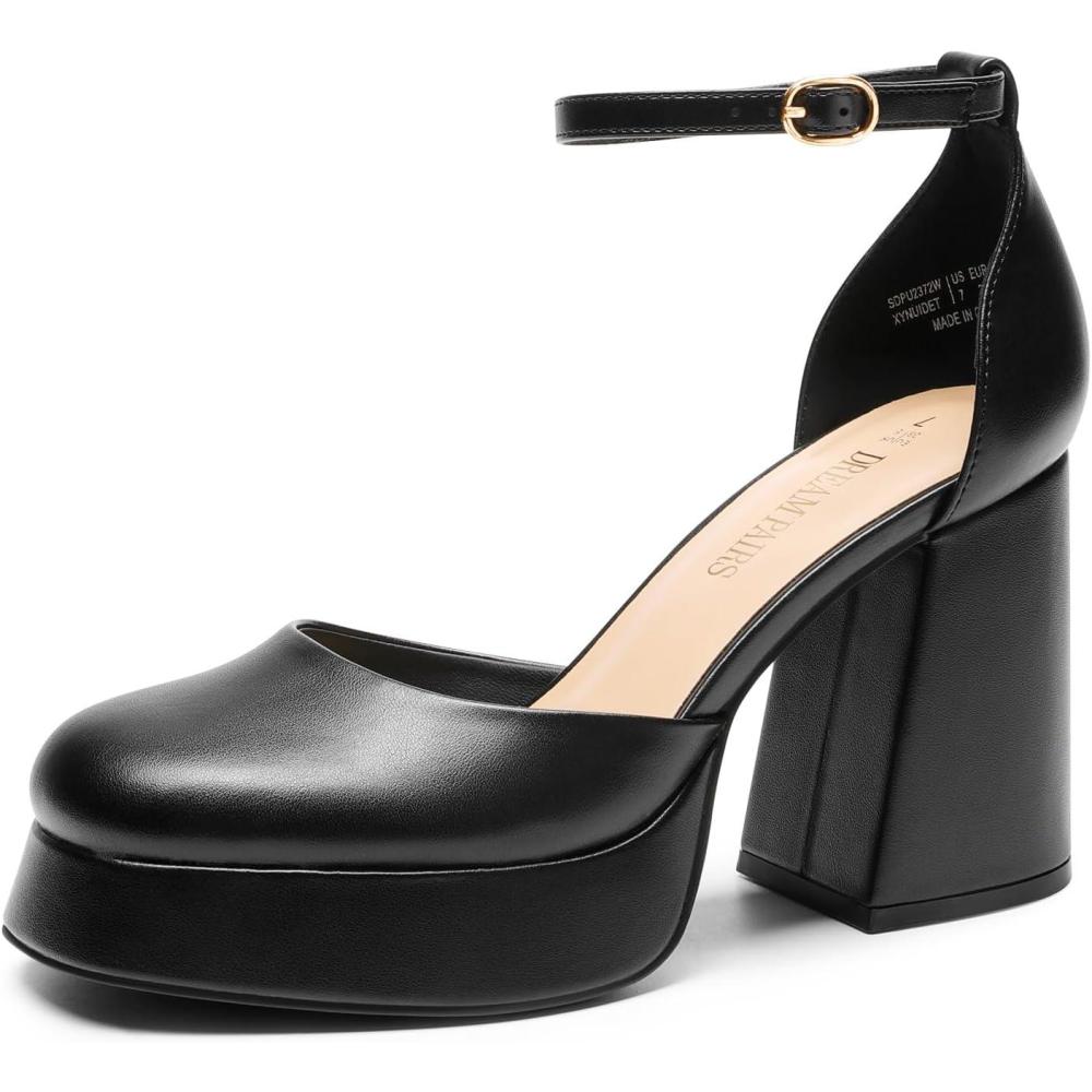 image:imageDREAM PAIRS Escarpins Femme Talon Haut Chunky avec Plateforme Chaussures Habilles Confortables avec Bride Cheville pour Soire ou FteNoir Pu