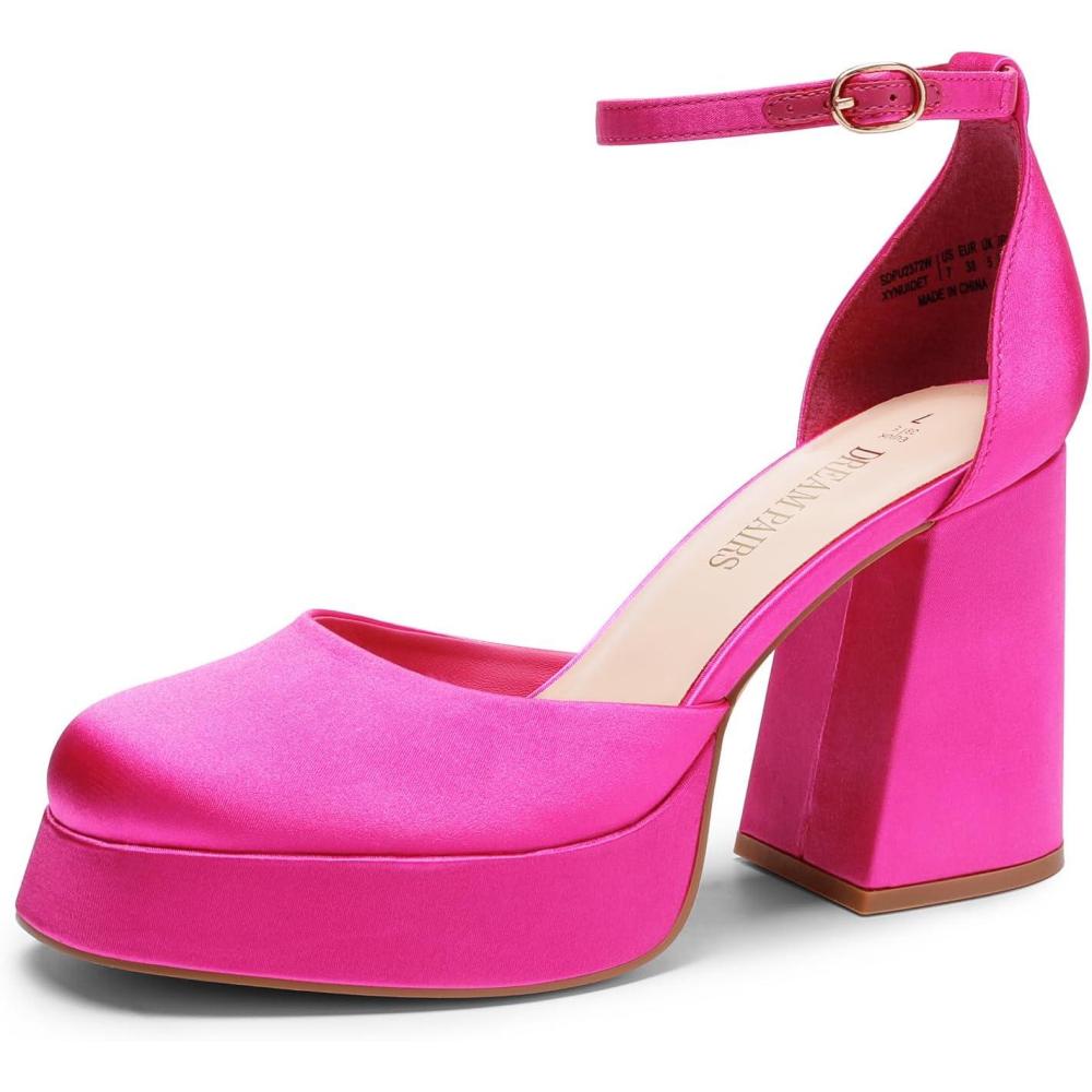 image:imageDREAM PAIRS Escarpins Femme Talon Haut Chunky avec Plateforme Chaussures Habilles Confortables avec Bride Cheville pour Soire ou FteRose Chaud Satin