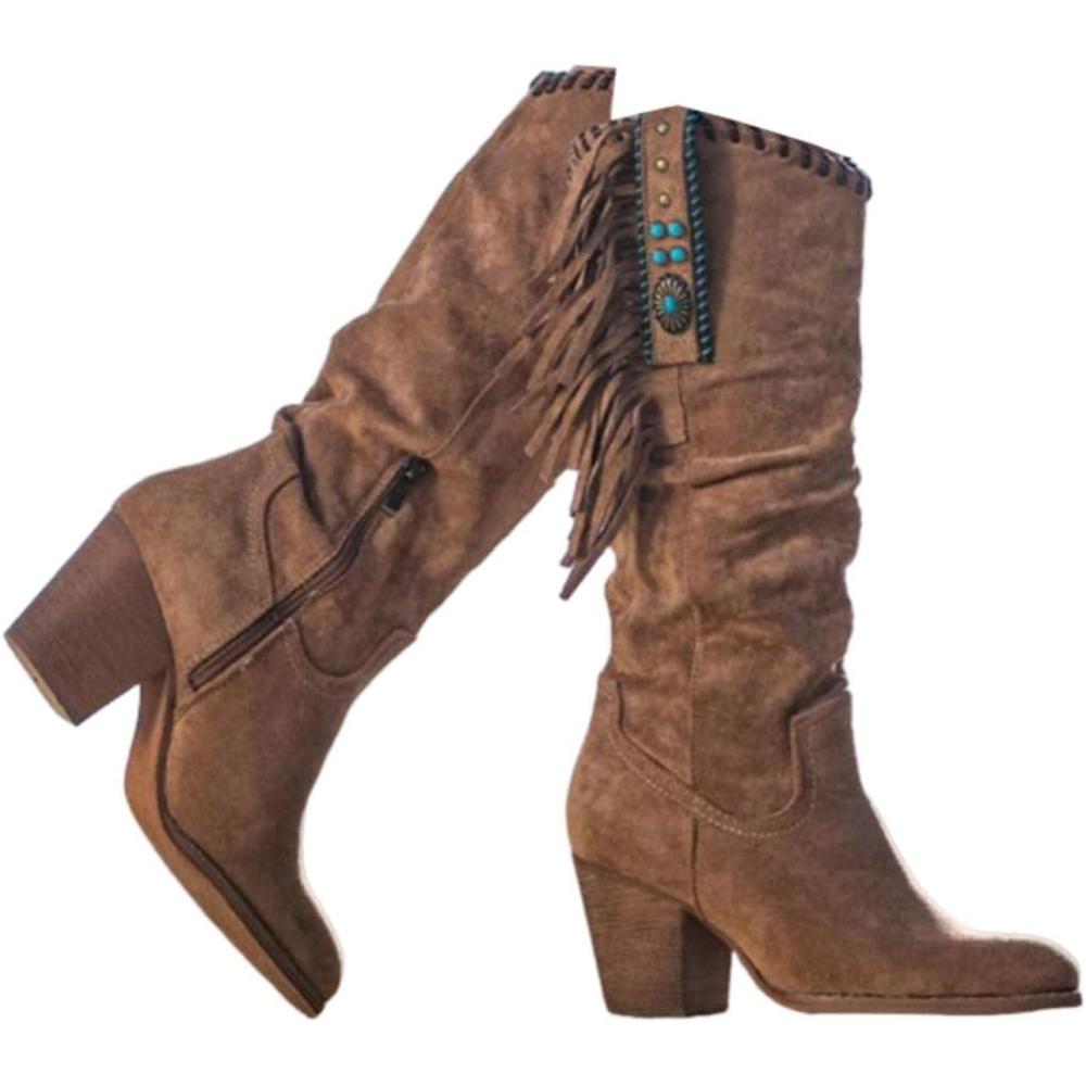 image:imageENEN Santiag Femme Cuir Western Taille 3443 Santiag Femme Gros Mollet Bottes Cowboy Talon Haut avec Fermeture clair Bottes Western Country pour Trekking1901 Marron