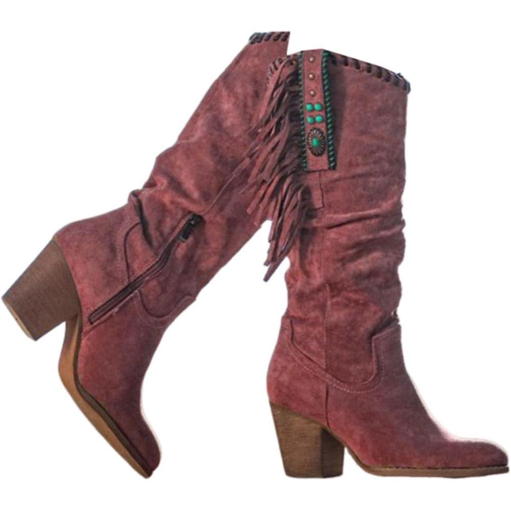 image:imageENEN Santiag Femme Cuir Western Taille 3443 Santiag Femme Gros Mollet Bottes Cowboy Talon Haut avec Fermeture clair Bottes Western Country pour Trekking1901 Rouge
