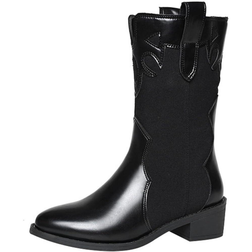 image:imageENEN Santiag Femme Cuir Western Taille 3543 Santiag Femme Gros Mollet Bottes Cowboy Talon Haut avec Fermeture clair Bottes Western Country pour TrekkingEva Noir