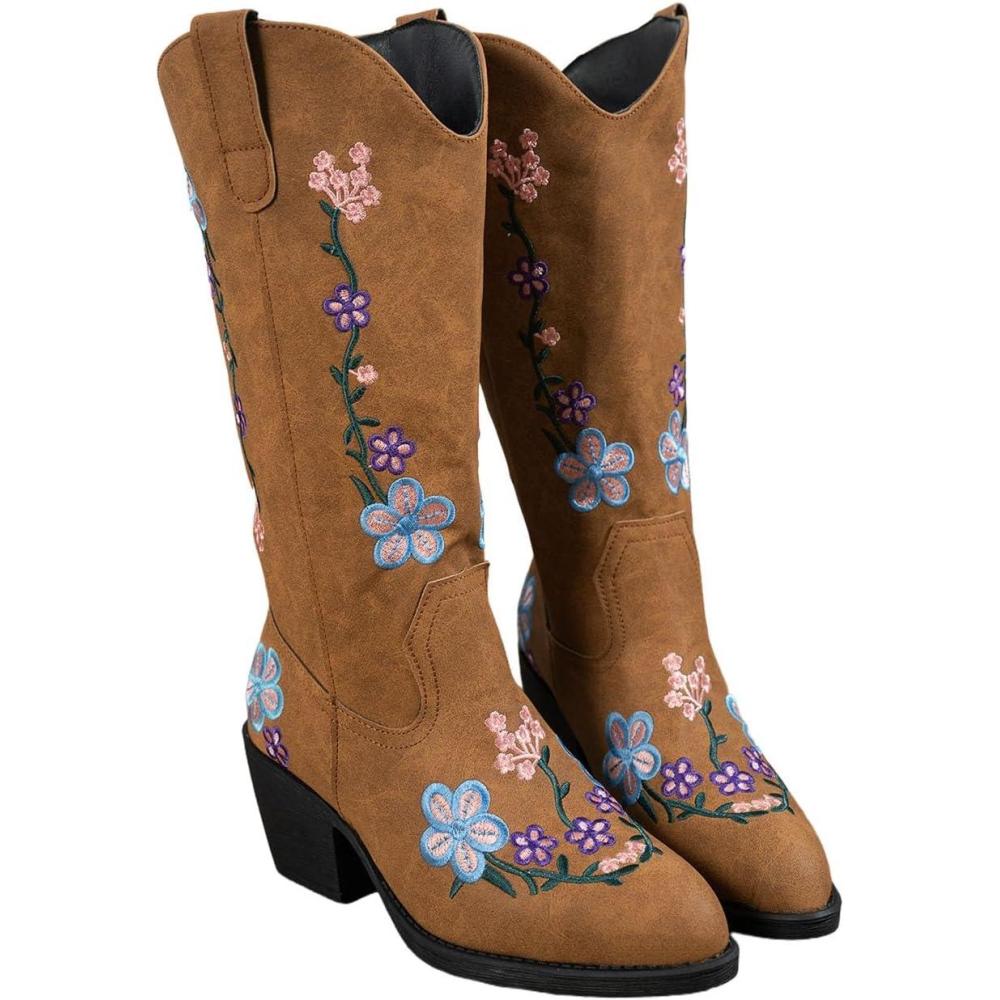 image:imageENEN Santiag Femme Cuir Western Taille 3643 Santiag Femme Gros Mollet Bottes Cowboy Talon Haut avec Fermeture clair Bottes Western Country pour TrekkingFr99 Caf