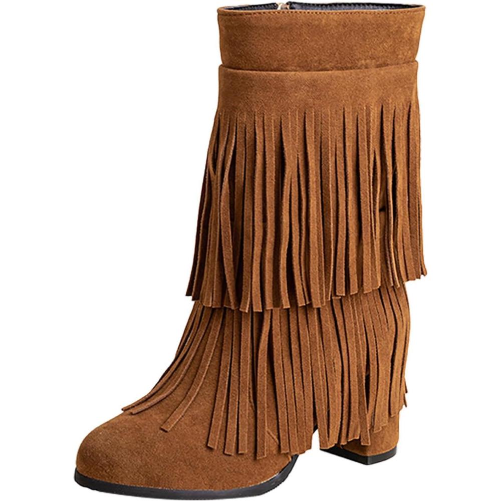 image:imageFemme Bottes Indiennes Beige Frange Boots Equitation Bout Rond Vintage Botte MiMollet Glands Santiags Western Moto Classiques Bottes Motard Bottes de Cavalier Bottes de Cowboy pour FemmesA1 Marron