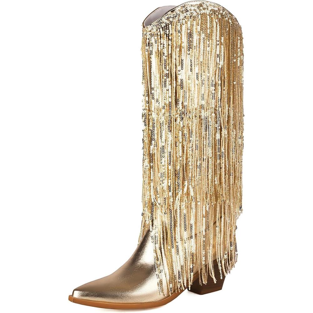 image:imageFemmes Mtallic Fringe Jusquau Genou Bottes de Cowboy with Tassel Fte Country Concert Paillette Bottes Sparkly Bottes WesternDor