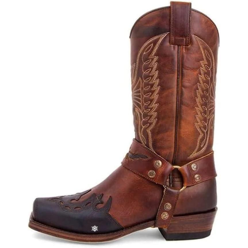 image:imageHommes Bottes PU Cuir quitation Casual Vintage Broderie Bout carr Western Cowboy Biker BottesMarron
