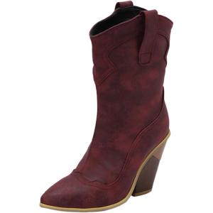 Bottes de cowboy pour femme – Bottes western pour femme – Bout pointu – Talon bloc bas – Bottines courtes(Bordeaux)