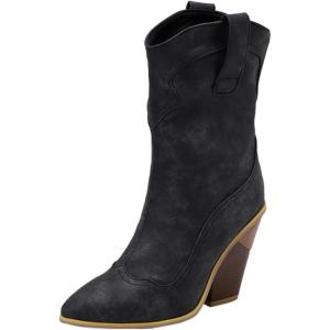 Bottes de cowboy pour femme – Bottes western pour femme – Bout pointu – Talon bloc bas – Bottines courtes(Noir)