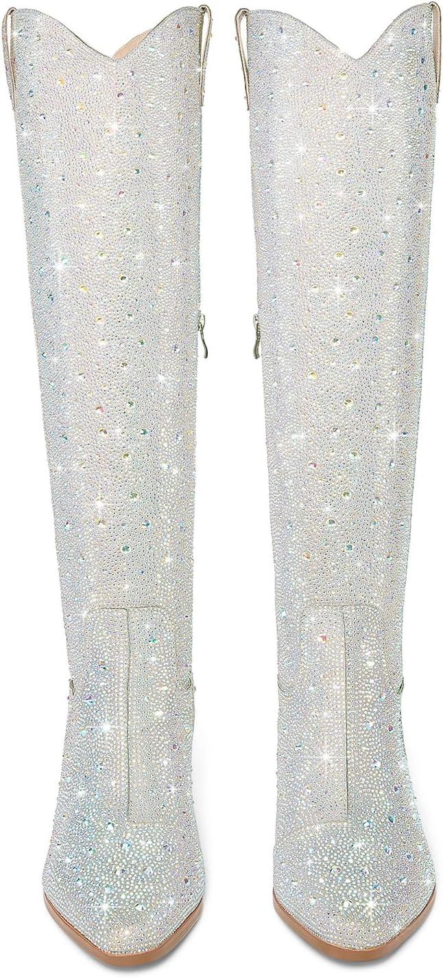 image:imageBottes de cowboy audessus du genou avec strass pour femme bottes de cowgirl scintillantes scintillantes bottes de cuisses occidentales fermetures clair latrales talon pais boutStrass