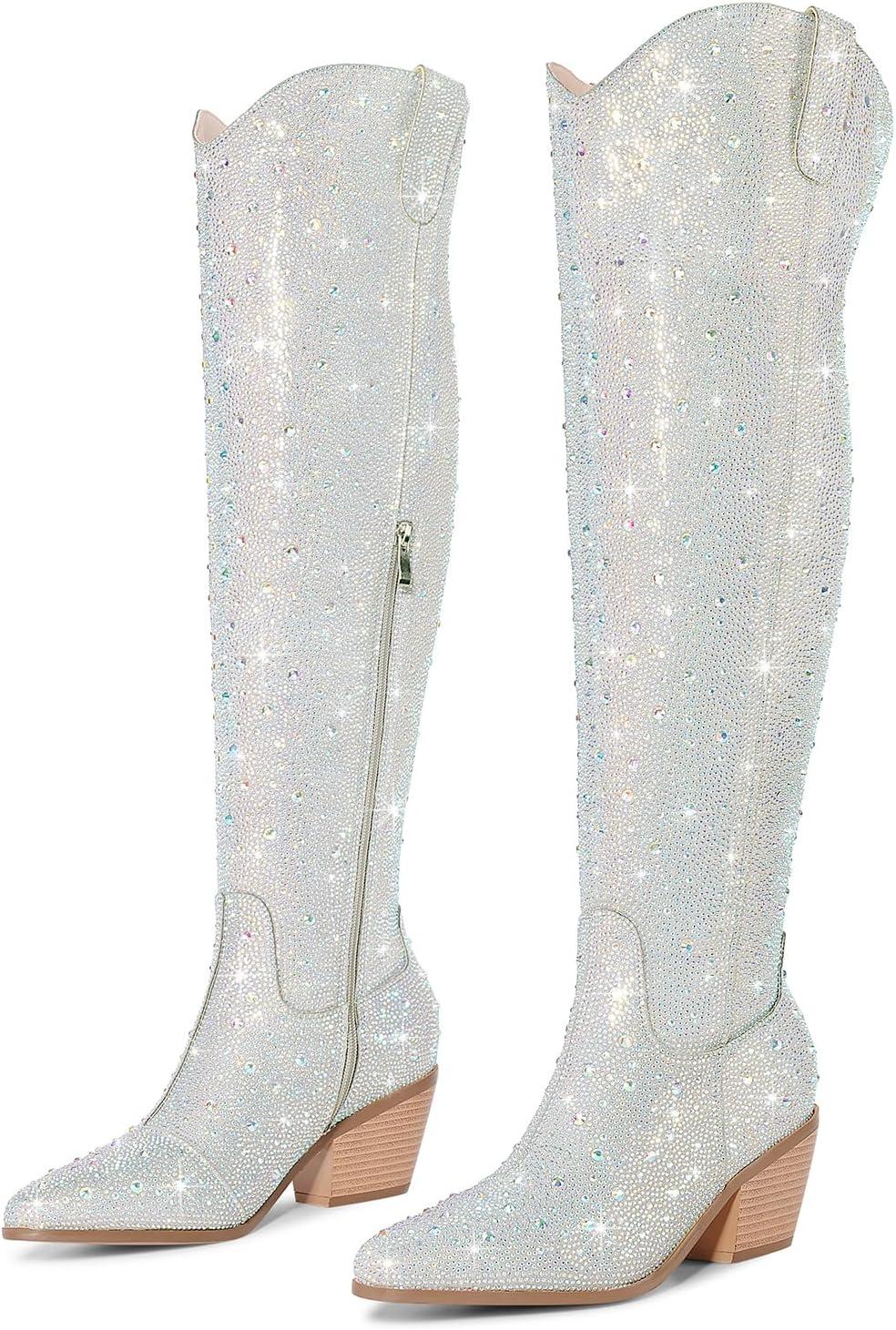 image:imageBottes de cowboy audessus du genou avec strass pour femme bottes de cowgirl scintillantes scintillantes bottes de cuisses occidentales fermetures clair latrales talon pais boutStrass