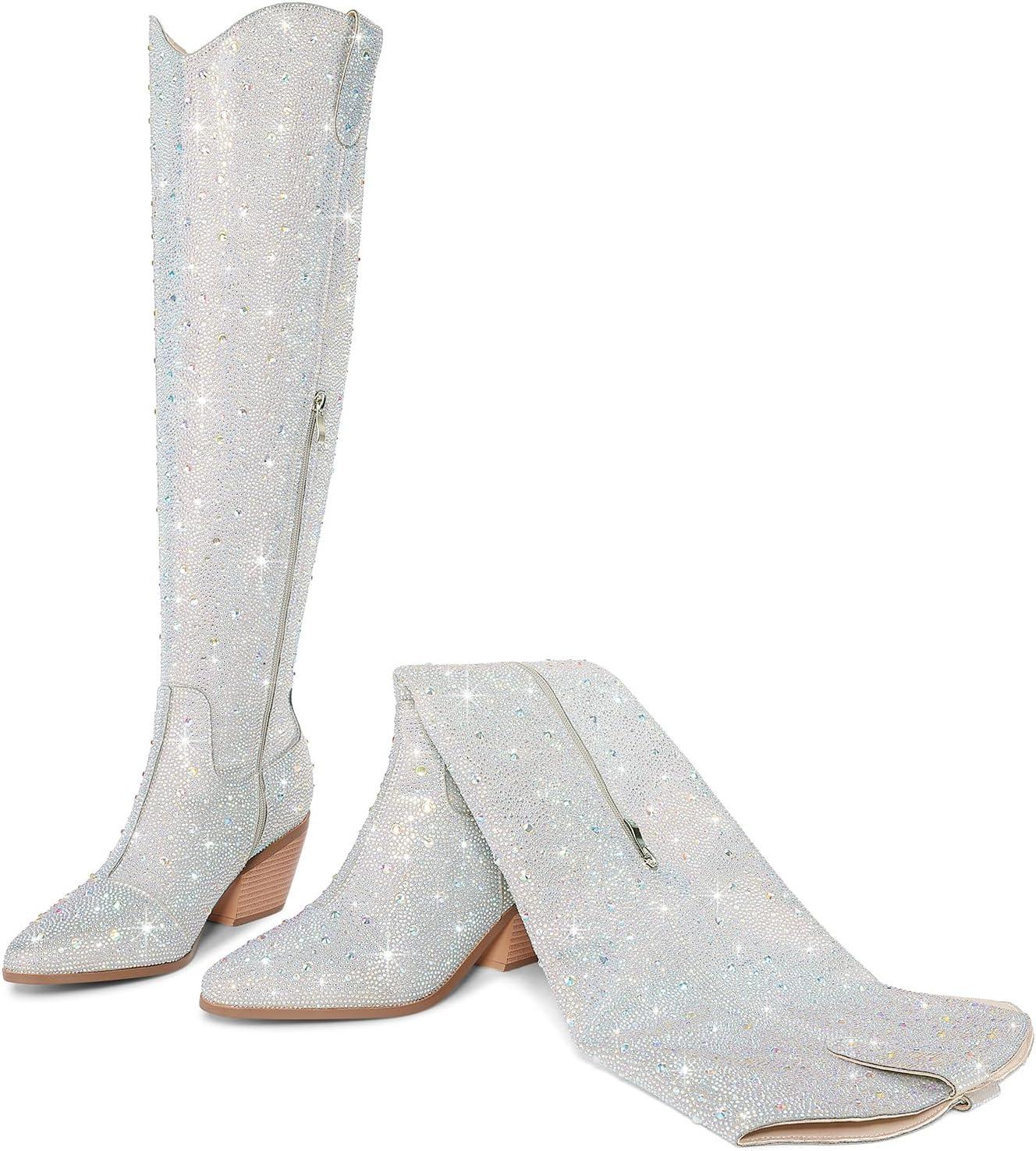 image:imageBottes de cowboy audessus du genou avec strass pour femme bottes de cowgirl scintillantes scintillantes bottes de cuisses occidentales fermetures clair latrales talon pais boutStrass