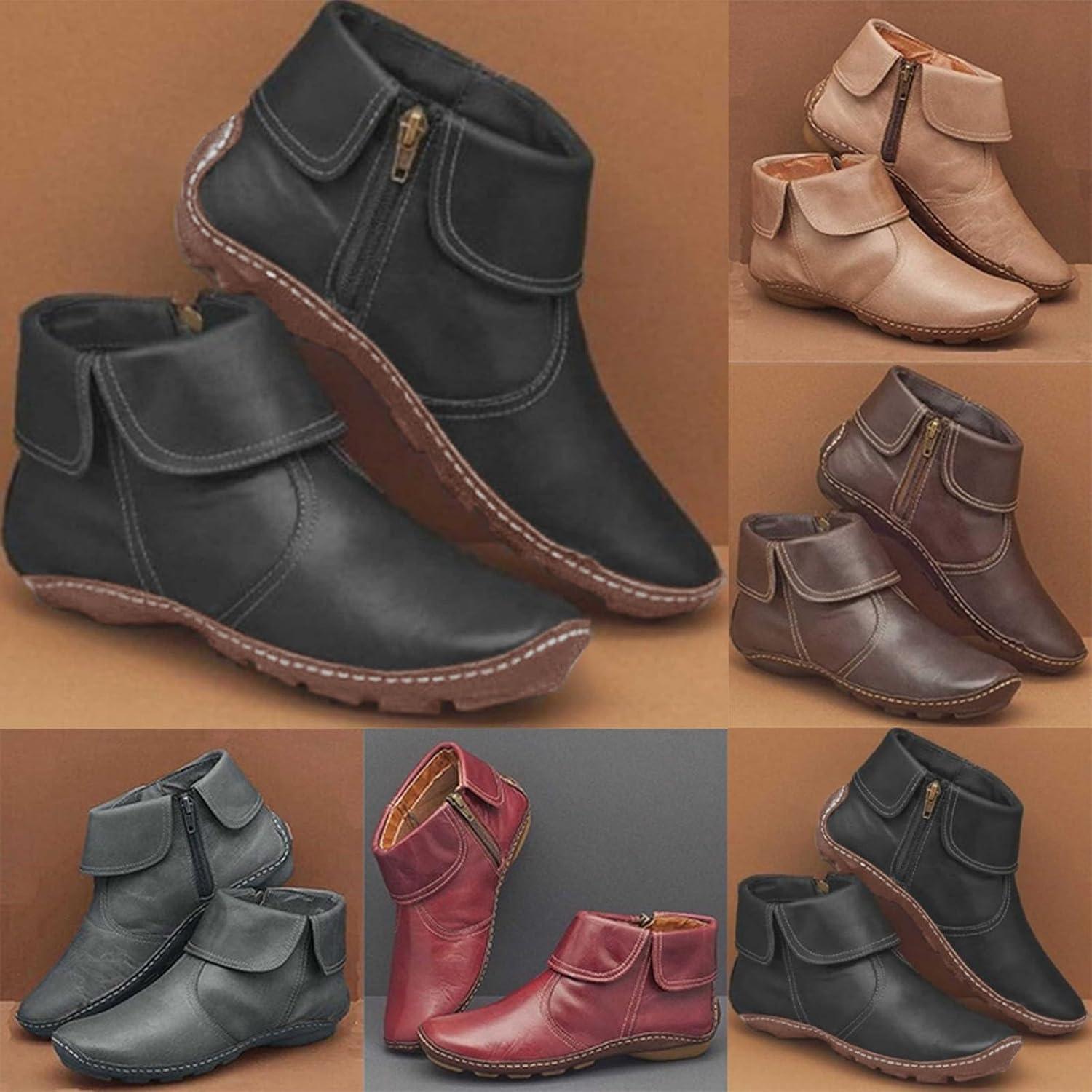 image:imageBottines en cuir pour femme Marron Style mdival Vintage Avec fermeture clair Chaussures dextrieur confortables Petit talon Bottes de cowboy Bottines dquitationNoir