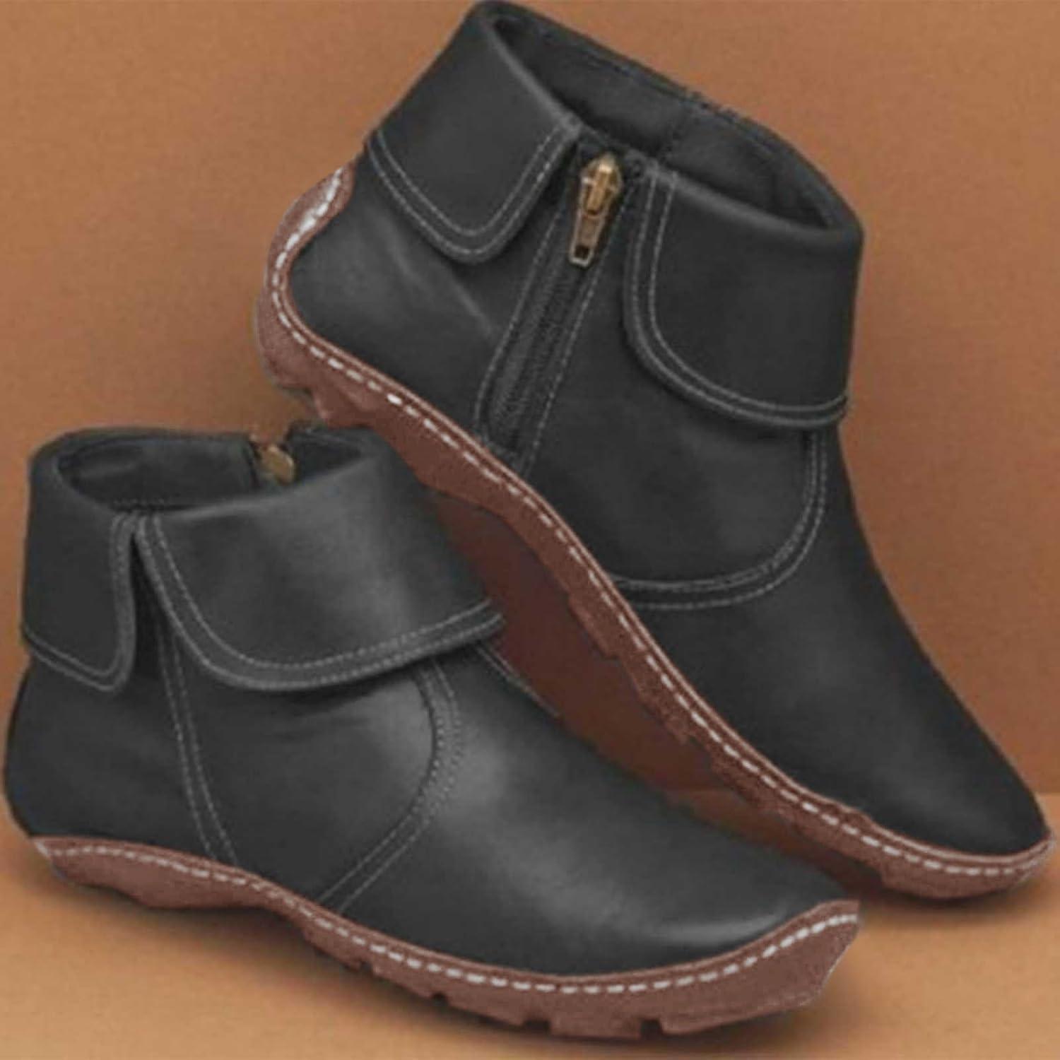 image:imageBottines en cuir pour femme Marron Style mdival Vintage Avec fermeture clair Chaussures dextrieur confortables Petit talon Bottes de cowboy Bottines dquitationNoir