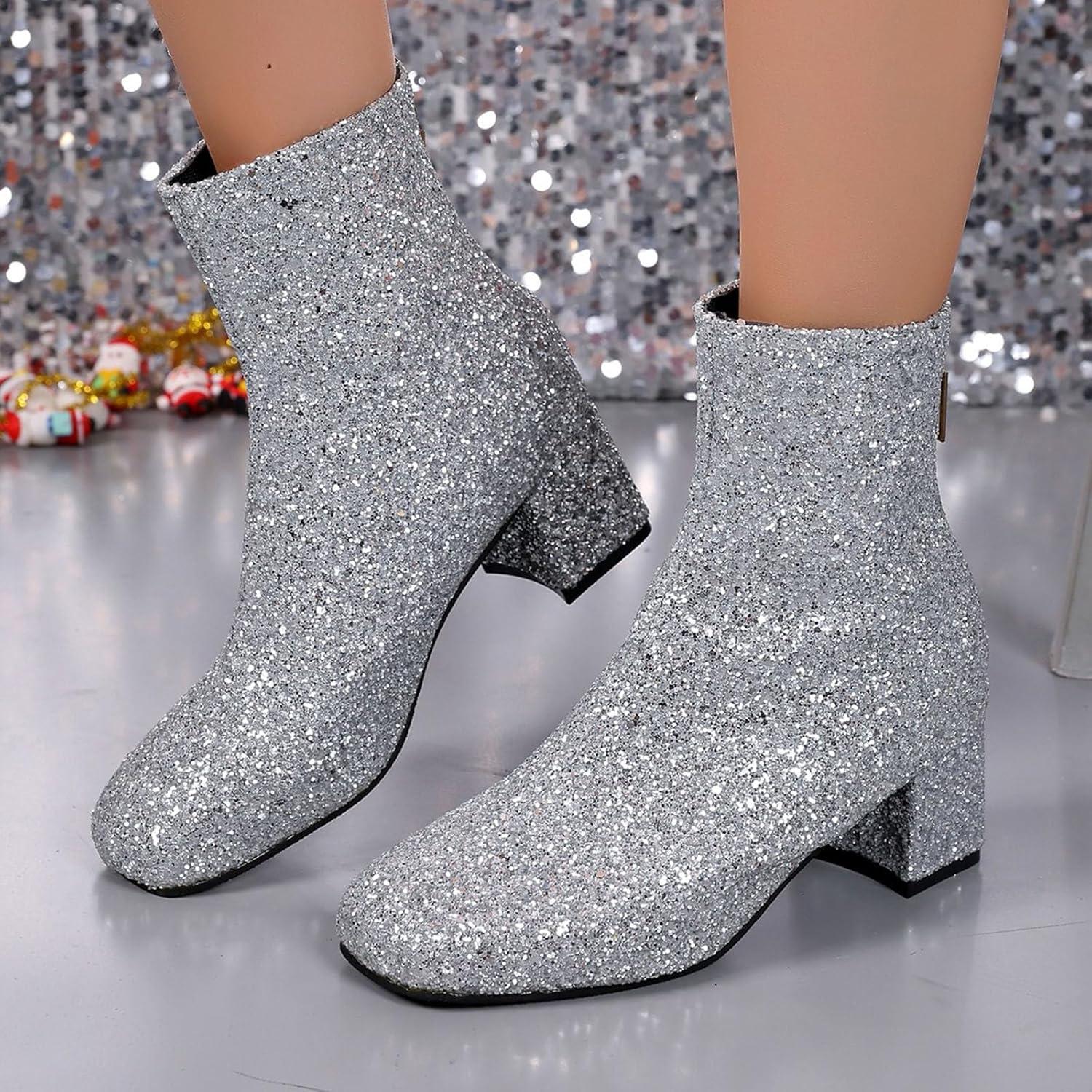 image:imageBottines impermables et confortables talon pais pour femme Avec strass lgantes enfiler paillettes Bottes western Bottes western Pour extrieur fte mariageArgent