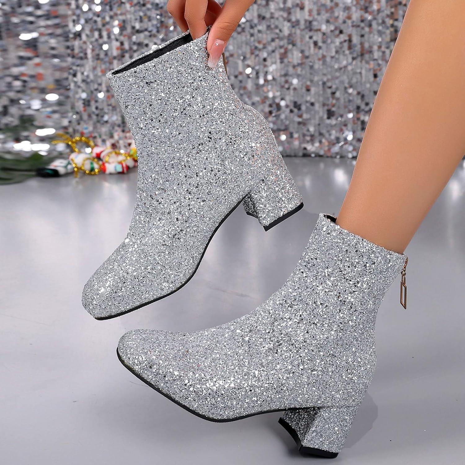 image:imageBottines impermables et confortables talon pais pour femme Avec strass lgantes enfiler paillettes Bottes western Bottes western Pour extrieur fte mariageArgent