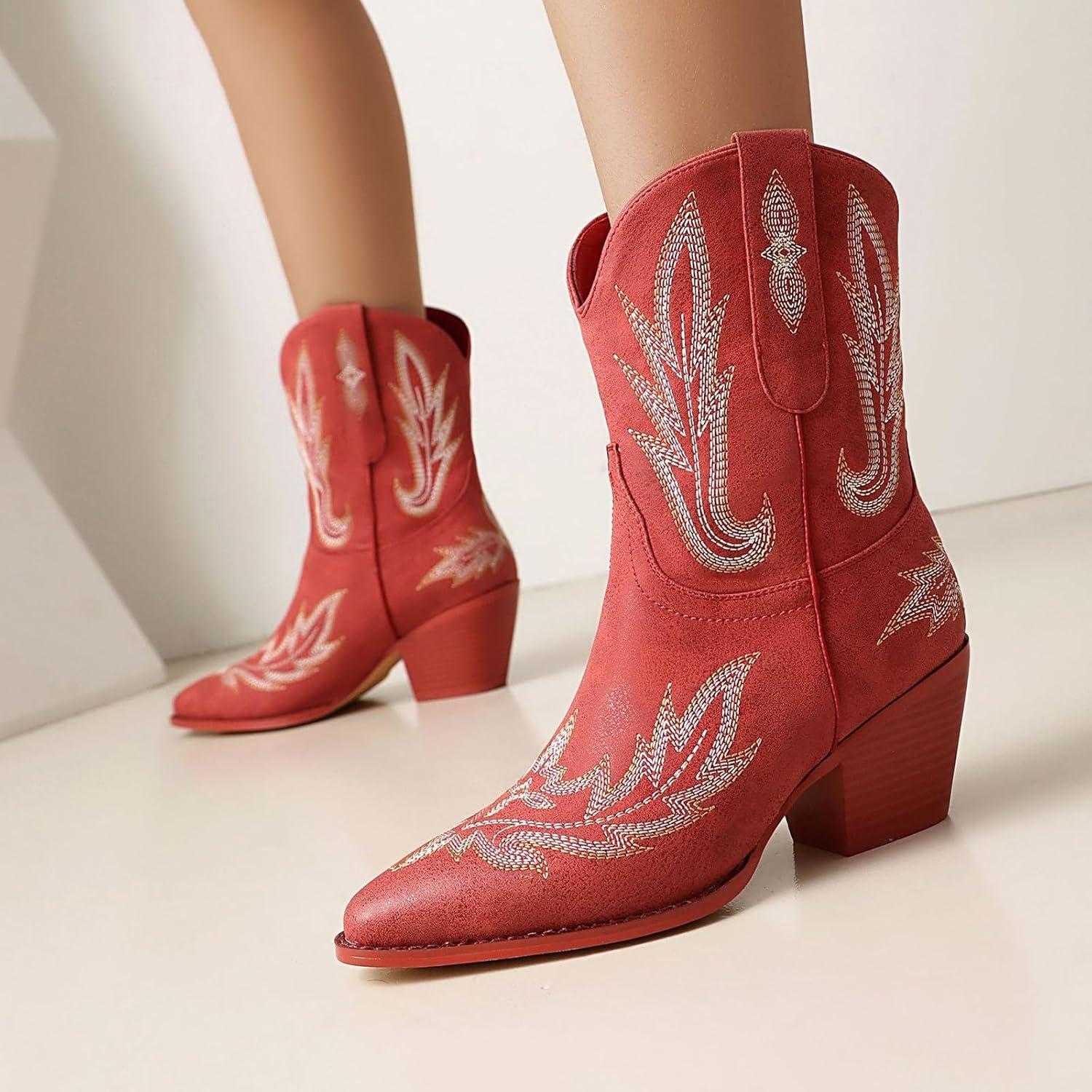 image:imageBottines pour femme Talon en cuir Bottes de cowboy pour femme Tige large Bottes western Bottes western vintage avec broderie Bottes mihautes antidrapantes en cuir synthtiqueRouge