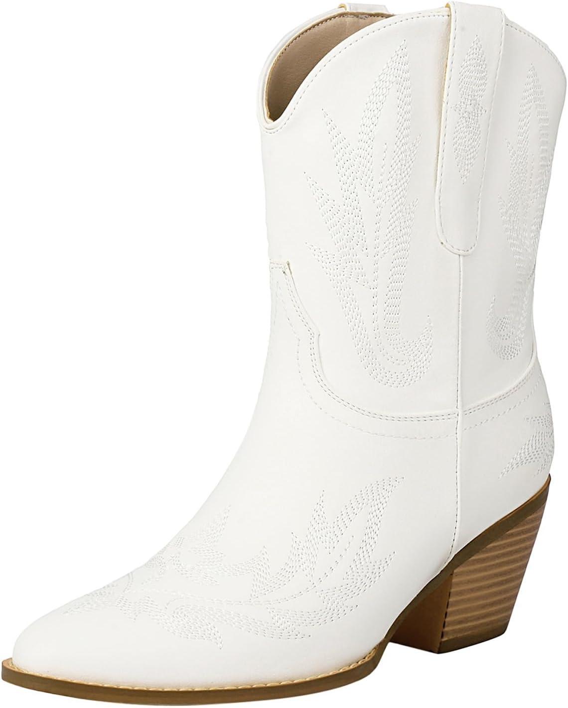 image:imageBottines pour femme Talon en cuir Bottes de cowboy pour femme Tige large Bottes western Bottes western vintage avec broderie Bottes mihautes antidrapantes en cuir synthtiqueBlanc