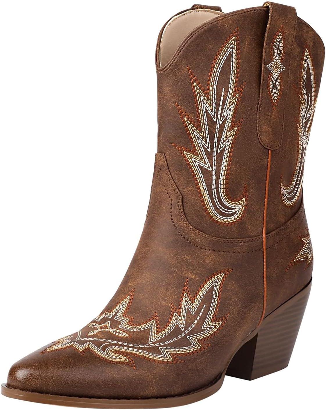 image:imageBottines pour femme Talon en cuir Bottes de cowboy pour femme Tige large Bottes western Bottes western vintage avec broderie Bottes mihautes antidrapantes en cuir synthtiqueMarron
