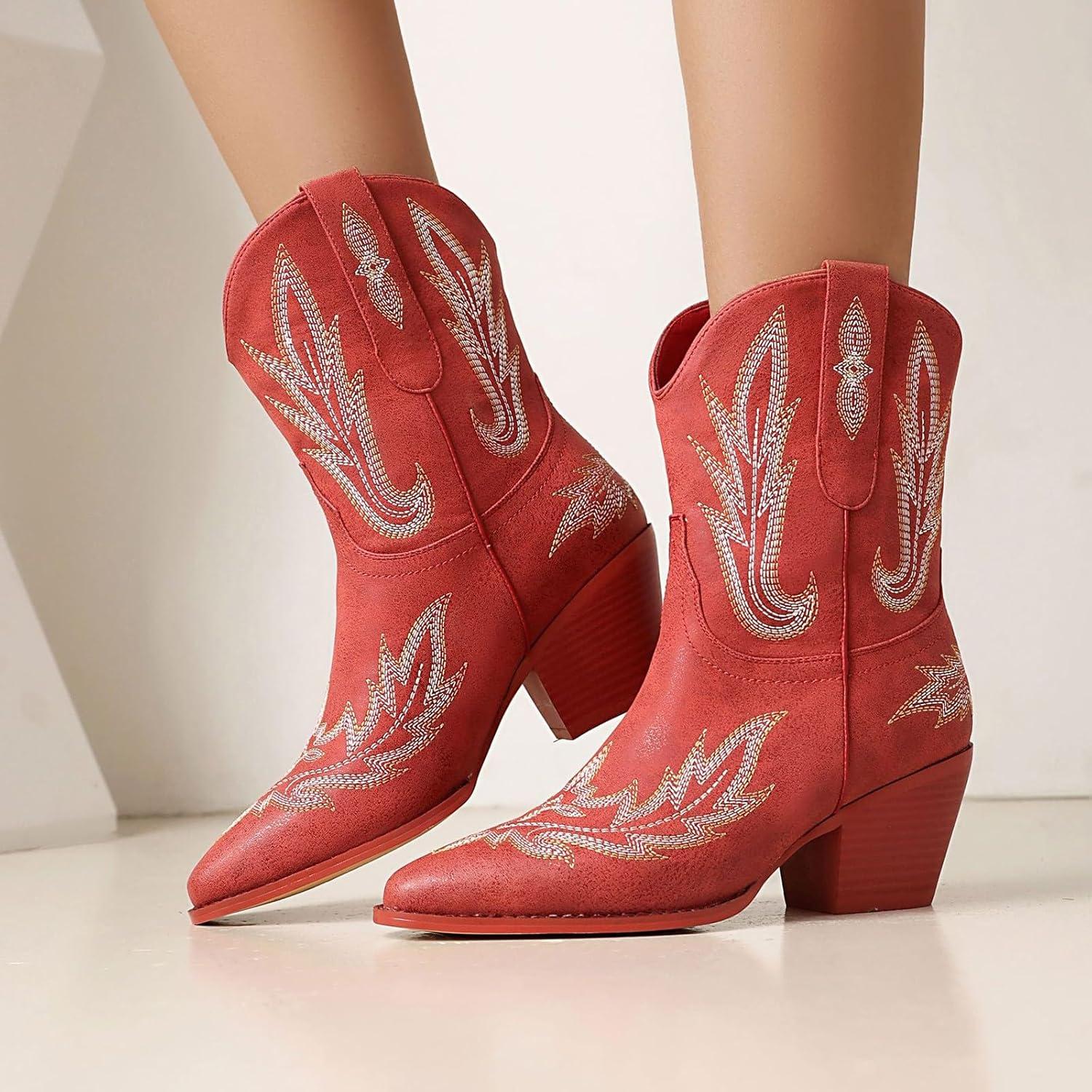 image:imageBottines pour femme Talon en cuir Bottes de cowboy pour femme Tige large Bottes western Bottes western vintage avec broderie Bottes mihautes antidrapantes en cuir synthtiqueRouge