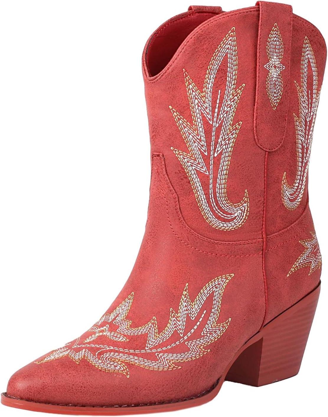 image:imageBottines pour femme Talon en cuir Bottes de cowboy pour femme Tige large Bottes western Bottes western vintage avec broderie Bottes mihautes antidrapantes en cuir synthtiqueRouge