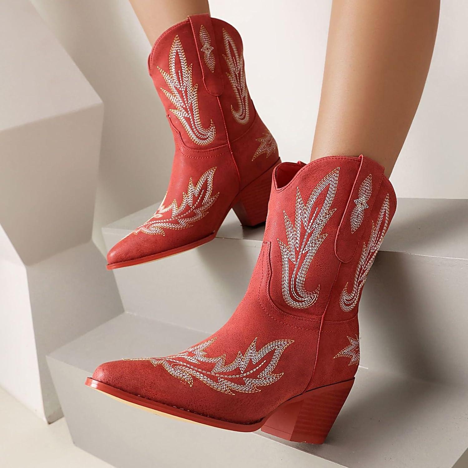 image:imageBottines pour femme Talon en cuir Bottes de cowboy pour femme Tige large Bottes western Bottes western vintage avec broderie Bottes mihautes antidrapantes en cuir synthtiqueRouge