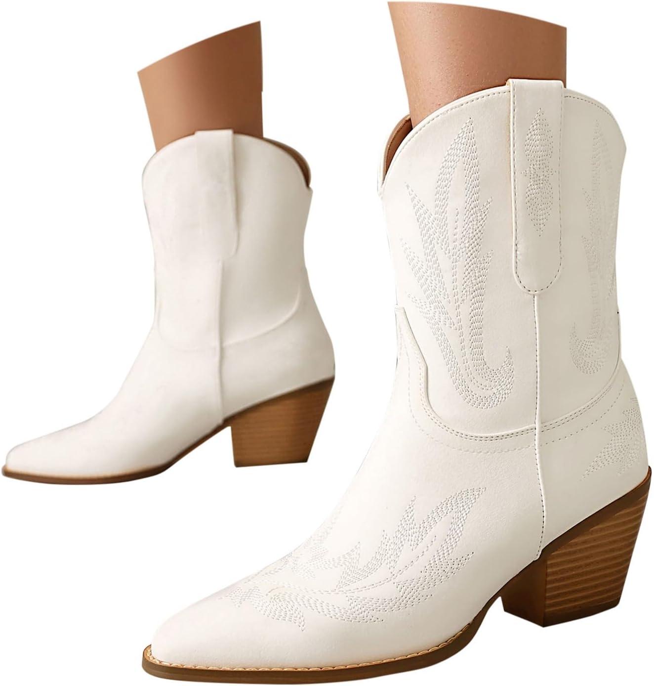 image:imageBottines pour femme Talon en cuir Bottes de cowboy pour femme Tige large Bottes western Bottes western vintage avec broderie Bottes mihautes antidrapantes en cuir synthtiqueBlanc