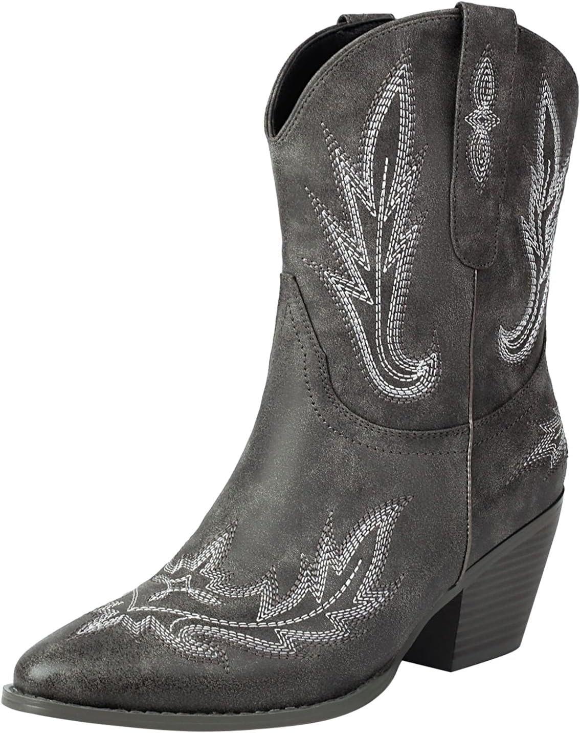 image:imageBottines pour femme Talon en cuir Bottes de cowboy pour femme Tige large Bottes western Bottes western vintage avec broderie Bottes mihautes antidrapantes en cuir synthtiqueGris