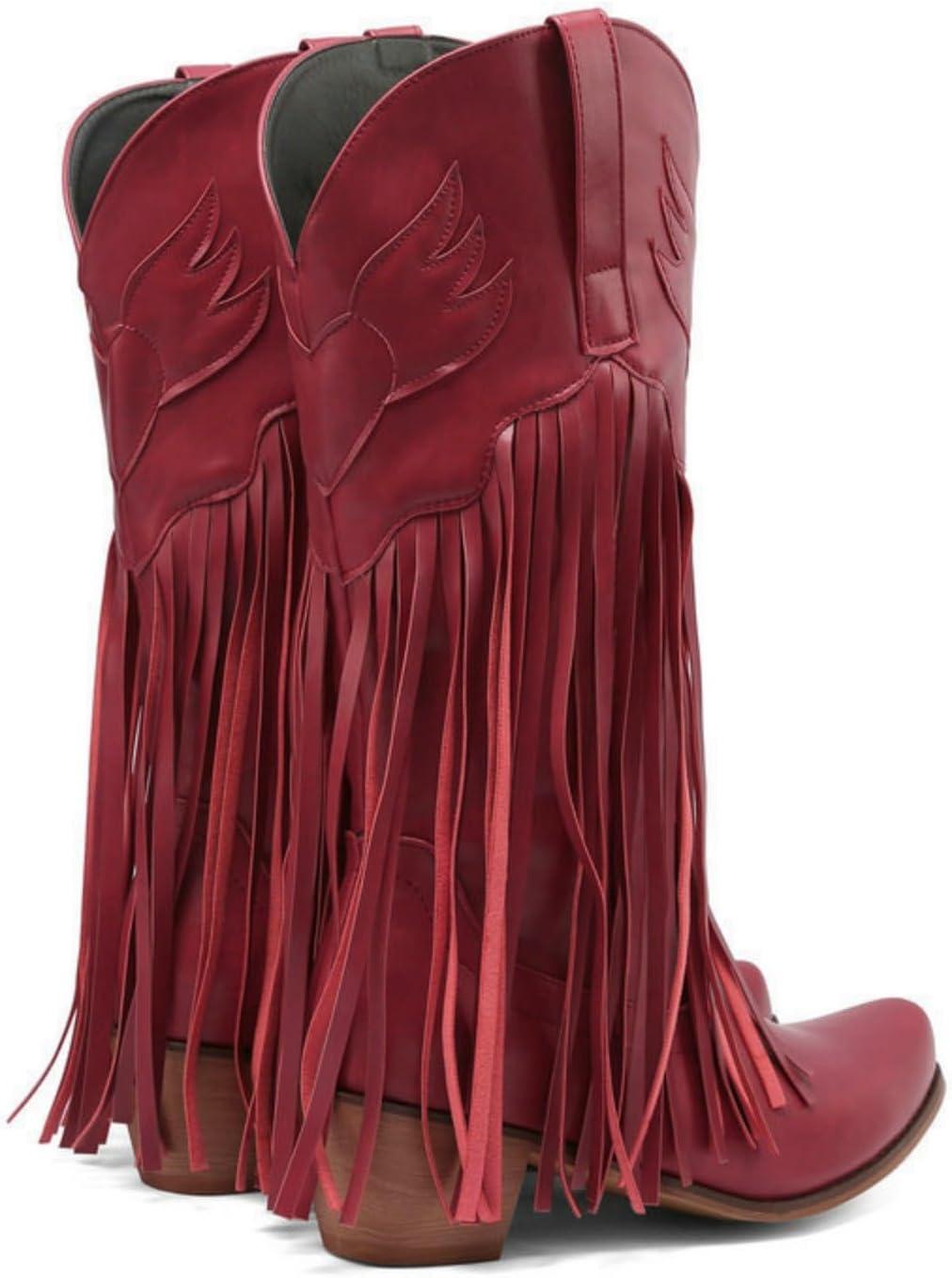 image:imageENEN Santiag Femme Bottes Daim Western Bottes Cowboy Femme Talon Haut MiMollet Chaussures Dcontractes La Mode Pompons Boots Santiag Cowboy femmes Basse Boucle Taille 3445Bordeaux