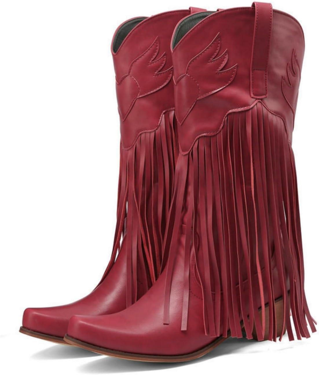 image:imageENEN Santiag Femme Bottes Daim Western Bottes Cowboy Femme Talon Haut MiMollet Chaussures Dcontractes La Mode Pompons Boots Santiag Cowboy femmes Basse Boucle Taille 3445Rose
